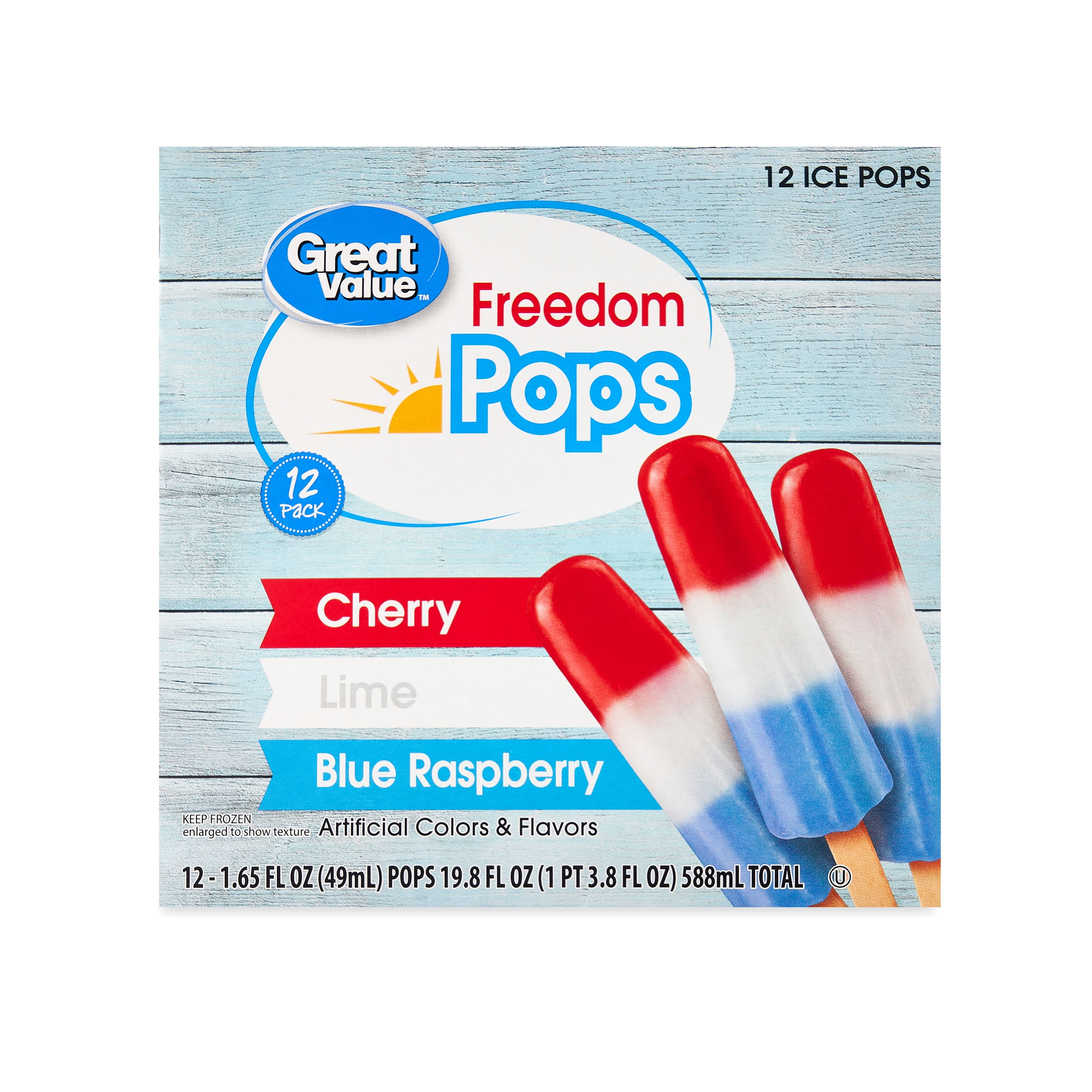 Great Value Assorted Flavor Freedom Ice Pops, 19.8 fl oz, 12 Pack (Frozen)