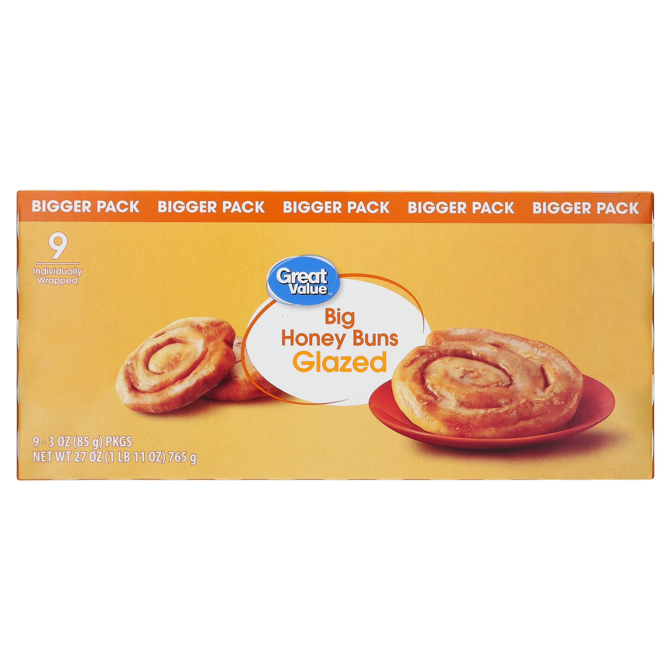 Great Value Big Glazed Honey Buns, 3 oz, 9 Count