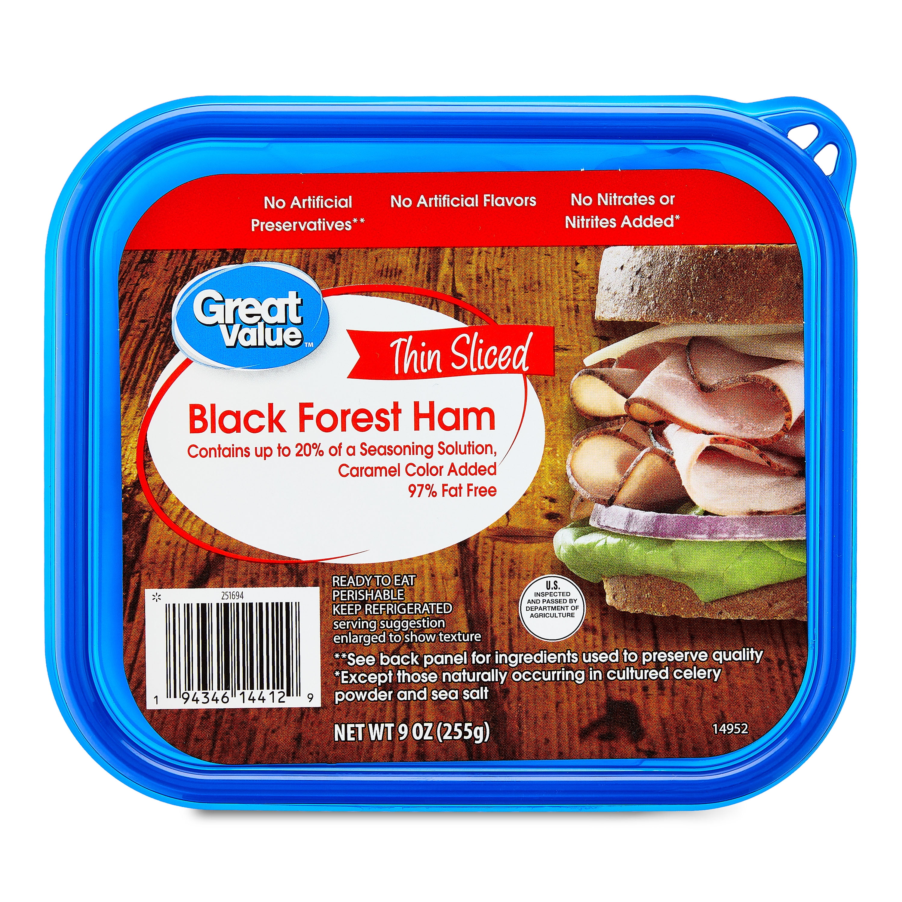 Great Value Black Forest Ham Lunchmeat, 9 oz Plastic Tub, 10 Grams of Protein per 2oz Serving