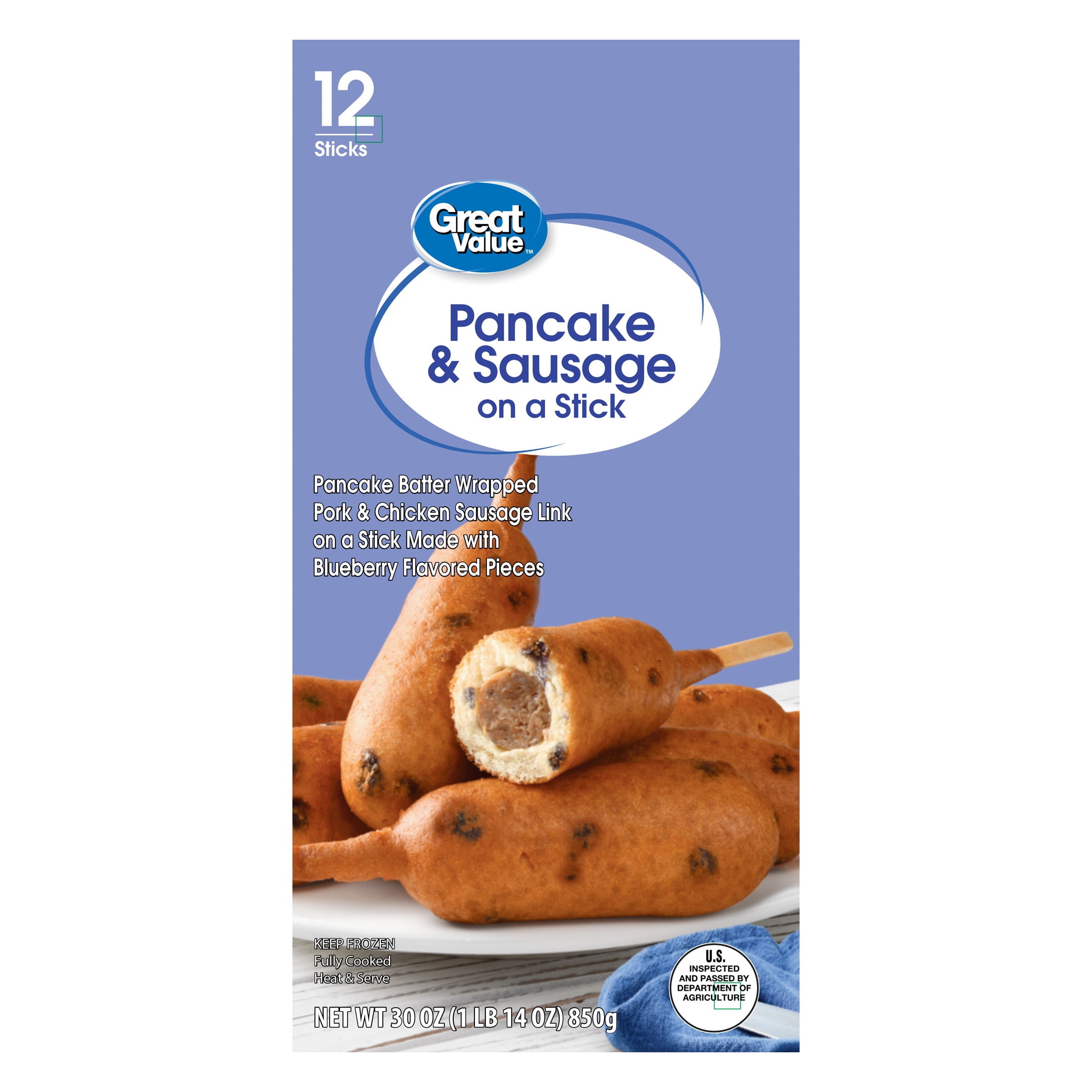 Great Value Blueberry Pancakes and Sausage on a Stick Box, 30 oz, 12 Count (Frozen).