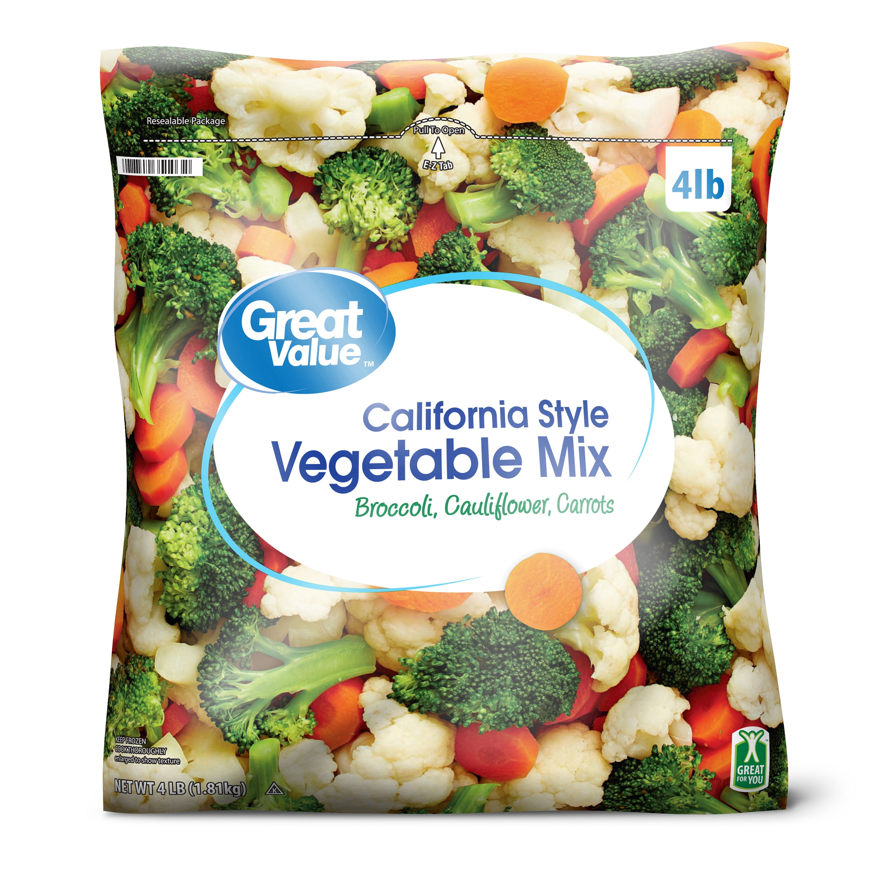 Great Value California Style Frozen Vegetable Mix with Broccoli, Carrots, and Cauliflower, 4 lbs