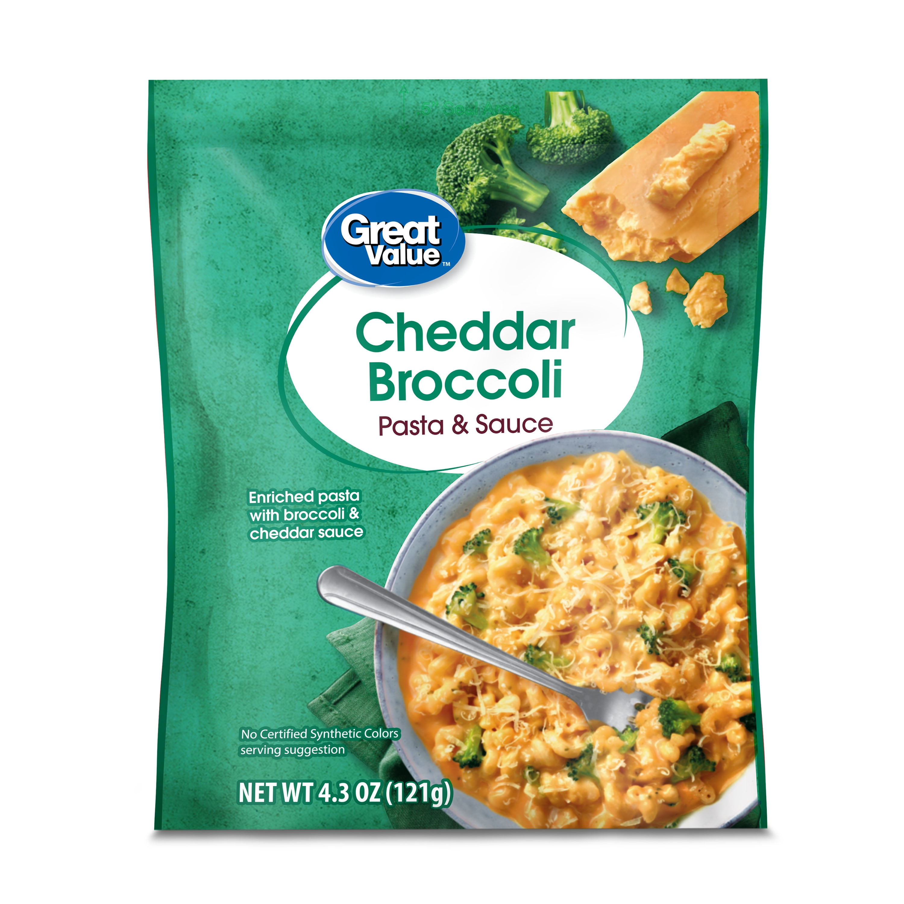Great Value Cheddar Broccoli Flavored Pasta & Sauce 4.3oz (Shelf-Stable Pouch, Packaged Meal)