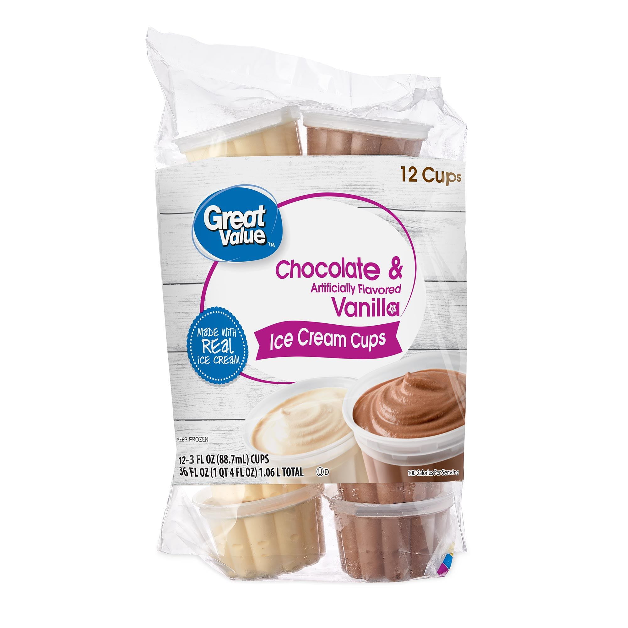 Great Value Chocolate & Vanilla Ice Cream Cups, Individual Serving, 36 fl oz, 12 Pack
