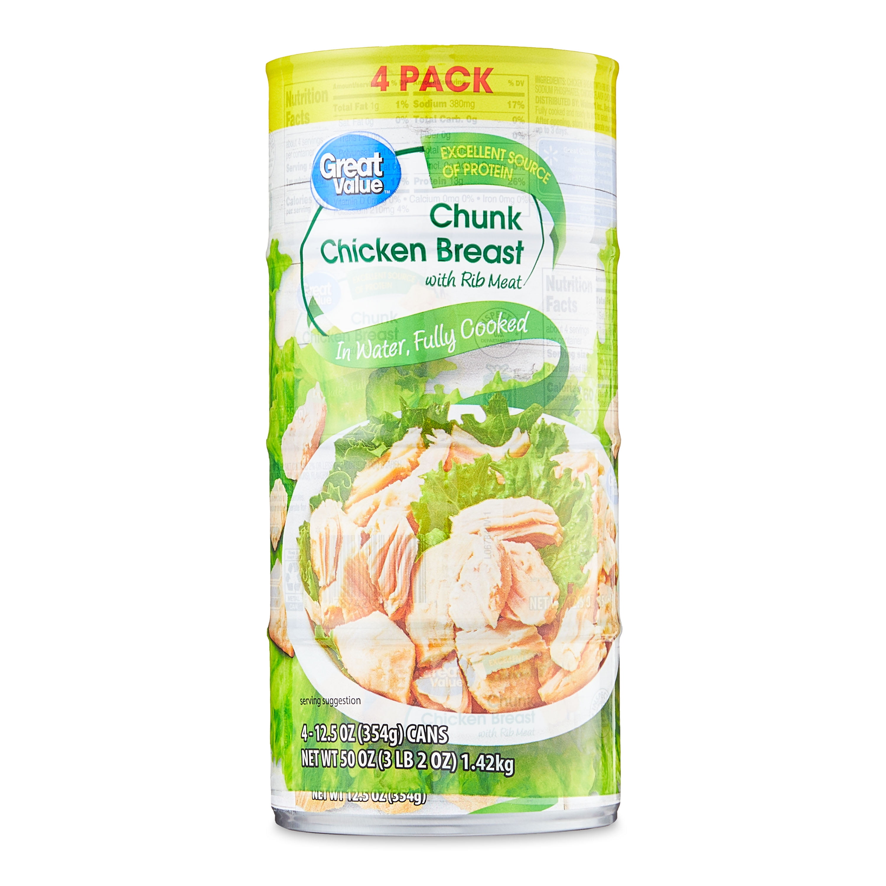 Great Value Chunk Chicken Breast with Rib Meat in Water, 12.5 oz Cans, 4 Pack