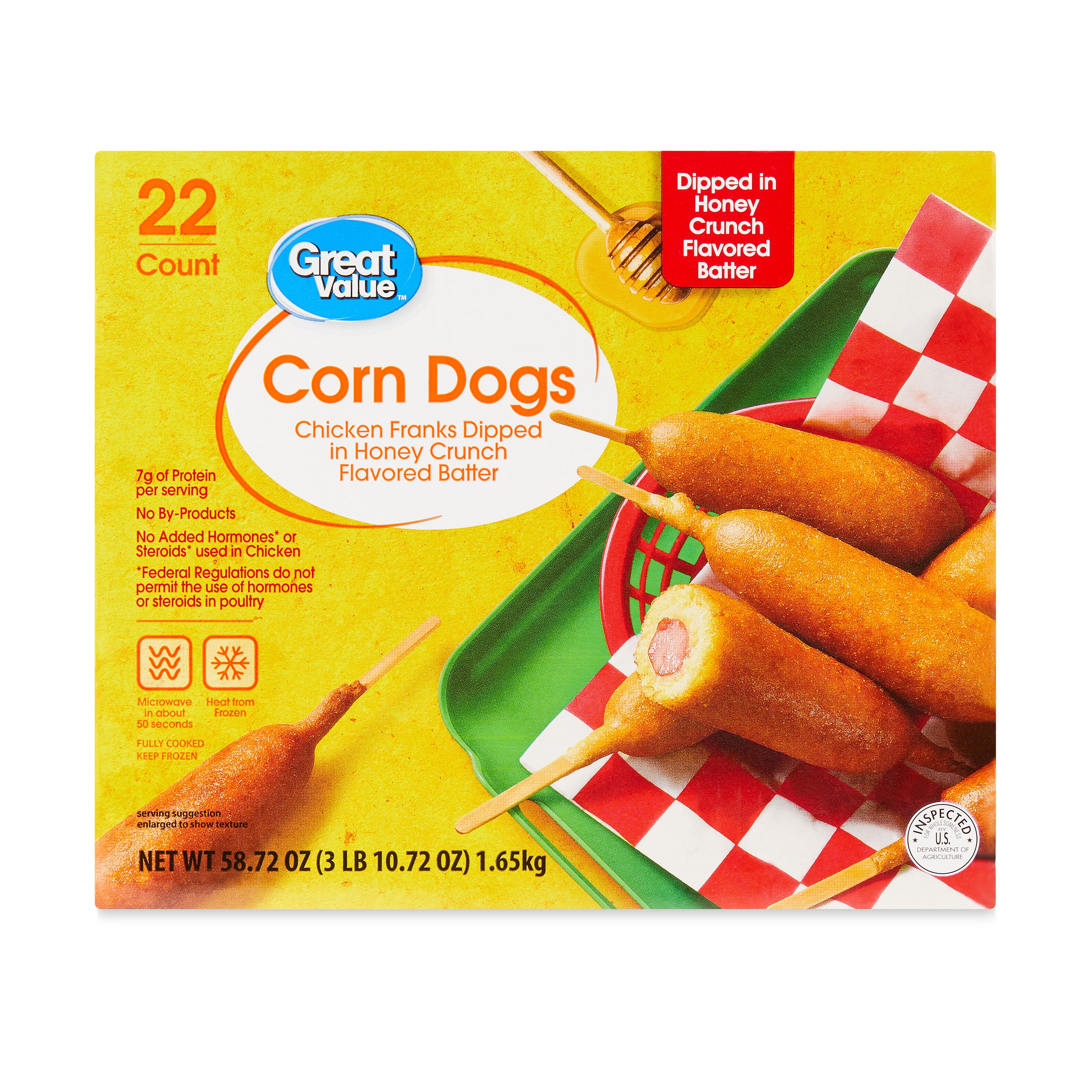 Great Value Classic Batter Wrapped Chicken Corn Dogs, 58.74 oz, 22 Count Box (Frozen)