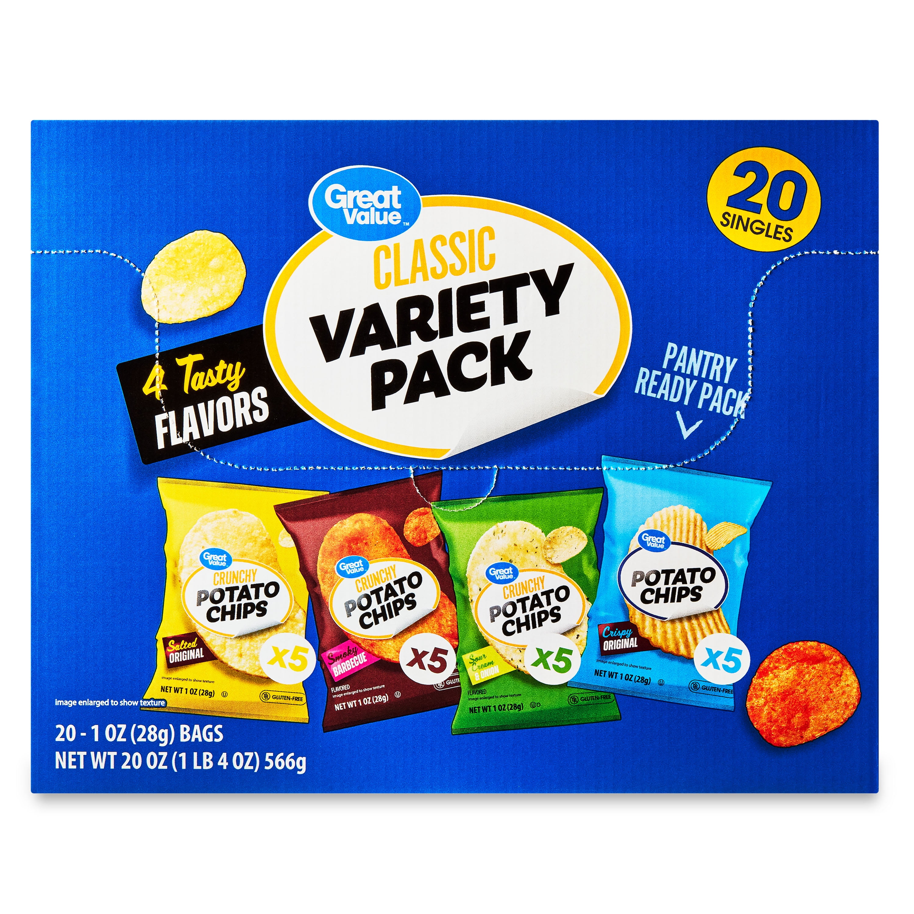 Great Value Classic Potato Chips Variety Pack, 1 oz, 20 Count Box