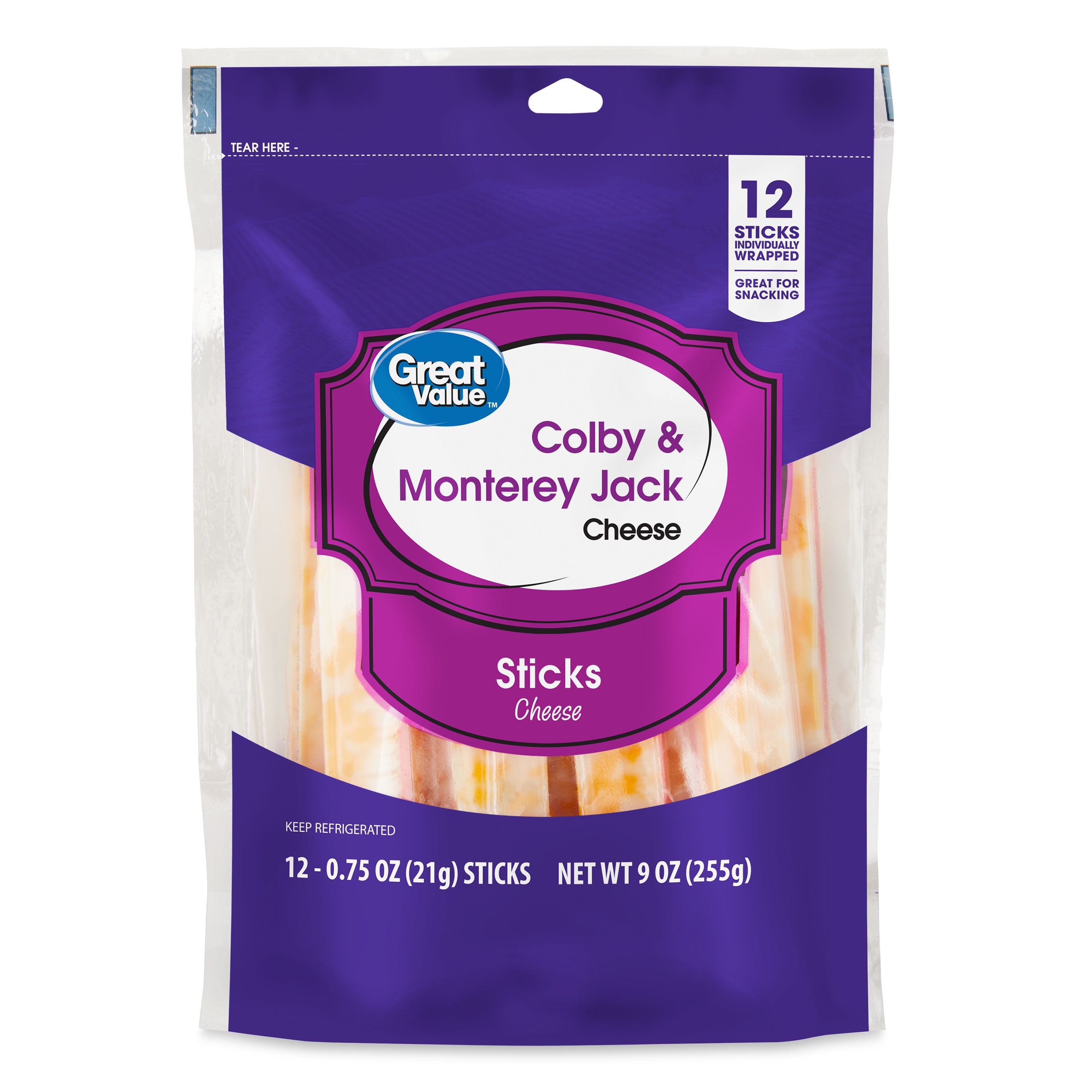 Great Value Colby & Monterey Jack Cheese Snack, 9 oz Bag, 12 Cheese Sticks