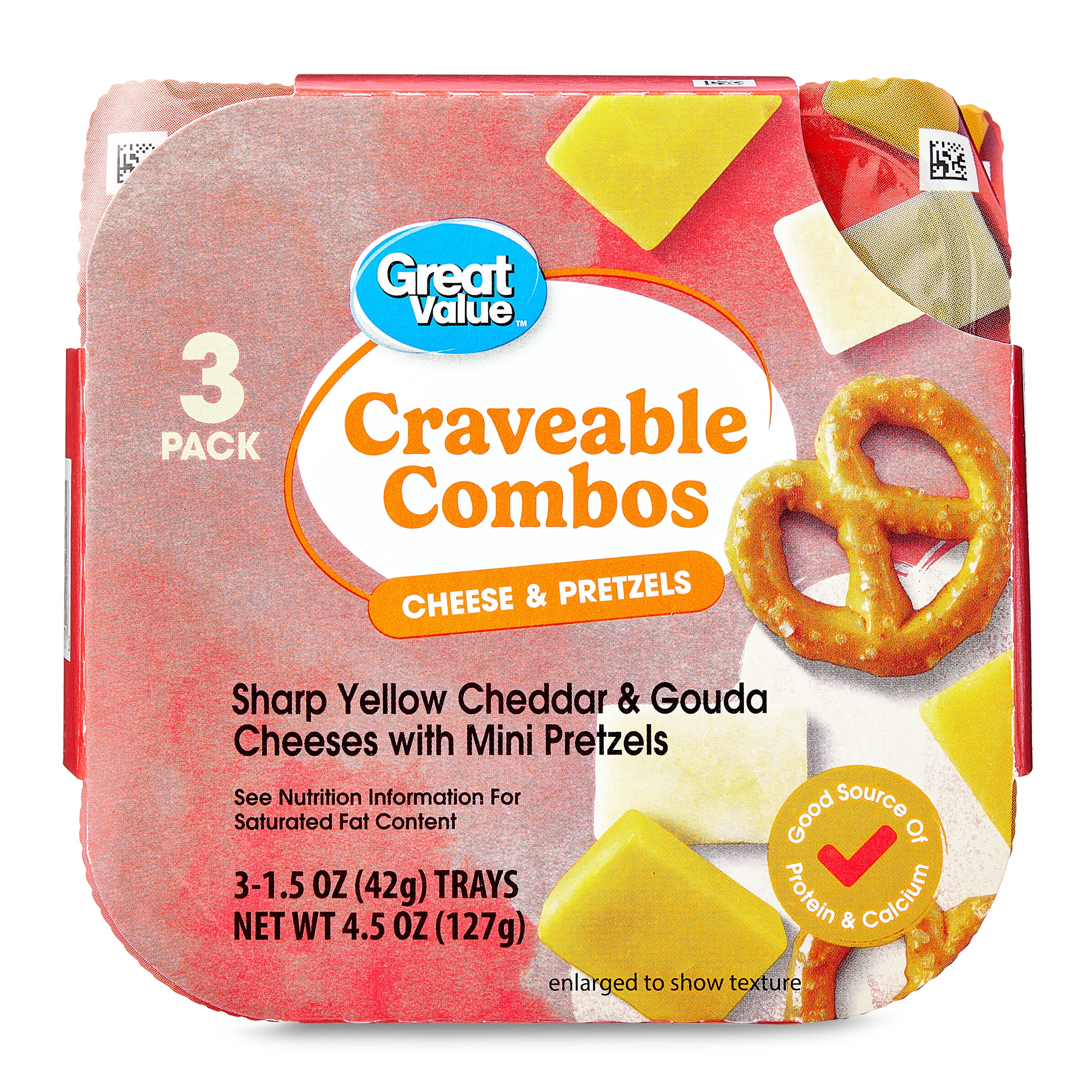 Great Value Craveable Combos Sharp Yellow Cheddar & Gouda Cheeses with Mini Pretzels, 1.5 oz, 3 Count