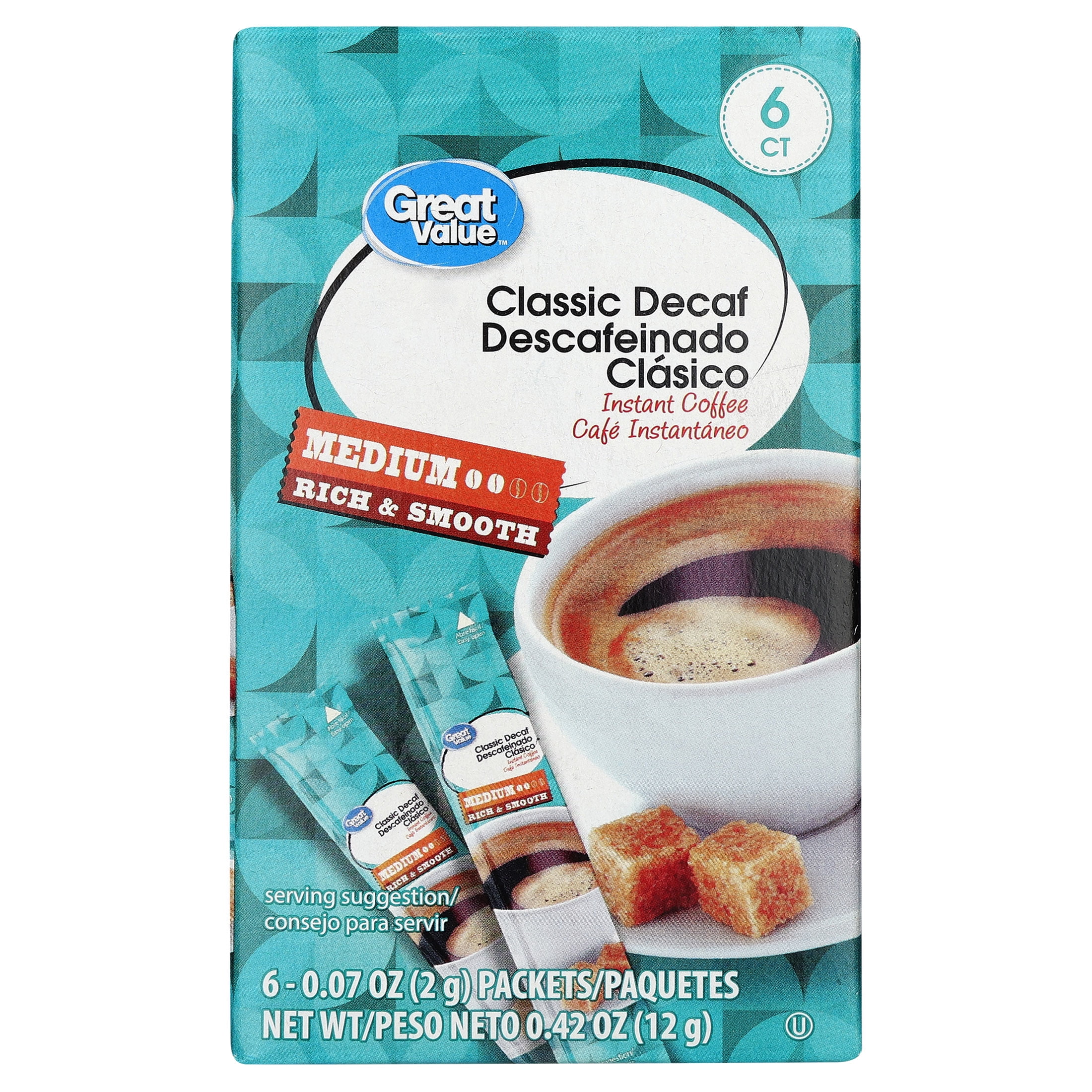Great Value Medium Roast Classic Decaf Instant Coffee, 0.07 oz, 6 Count