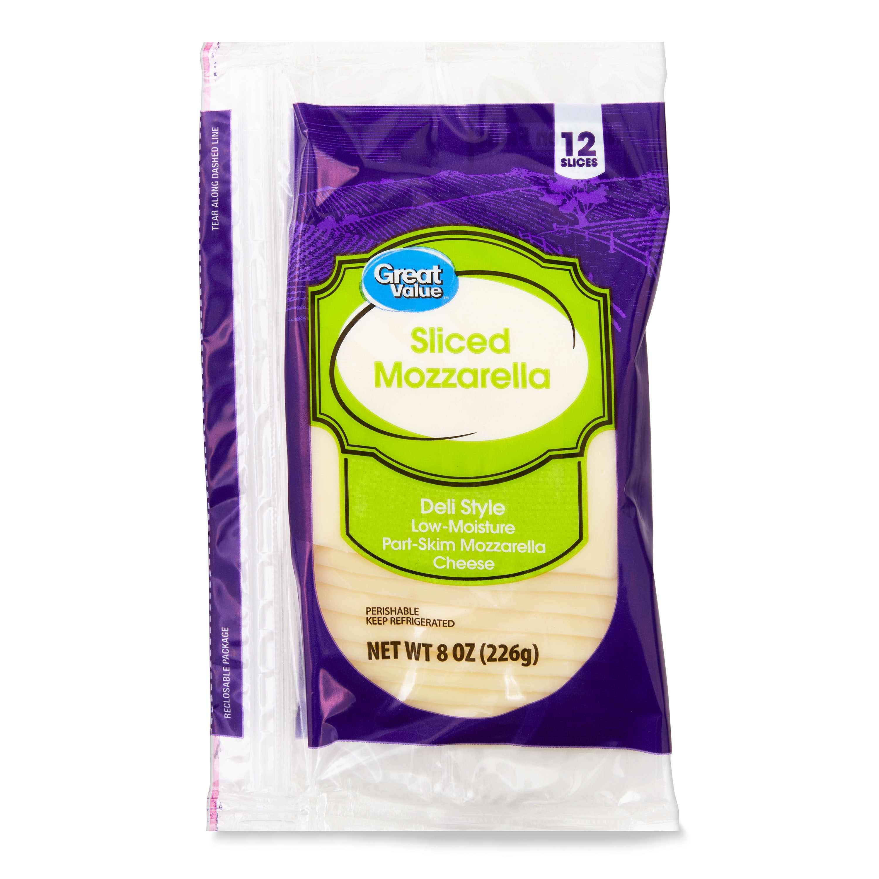 Great Value Low-Moisture Part-Skim Deli Style Sliced Mozzarella Cheese, 8 oz Package, 12 Slices