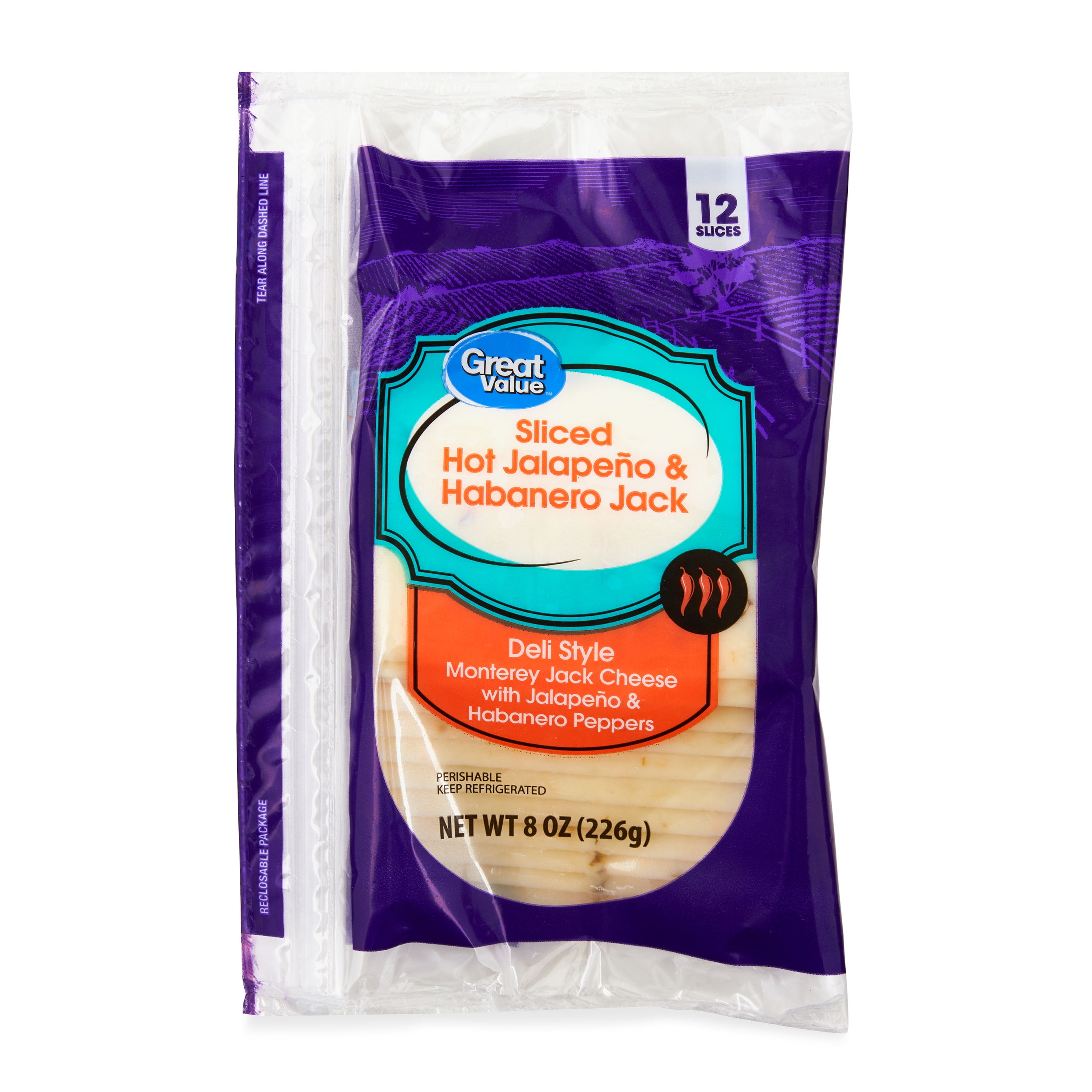 Great Value Hot Jalapeno & Habanero Jack Deli Style Sliced Cheese, 8 oz, 12 Slices