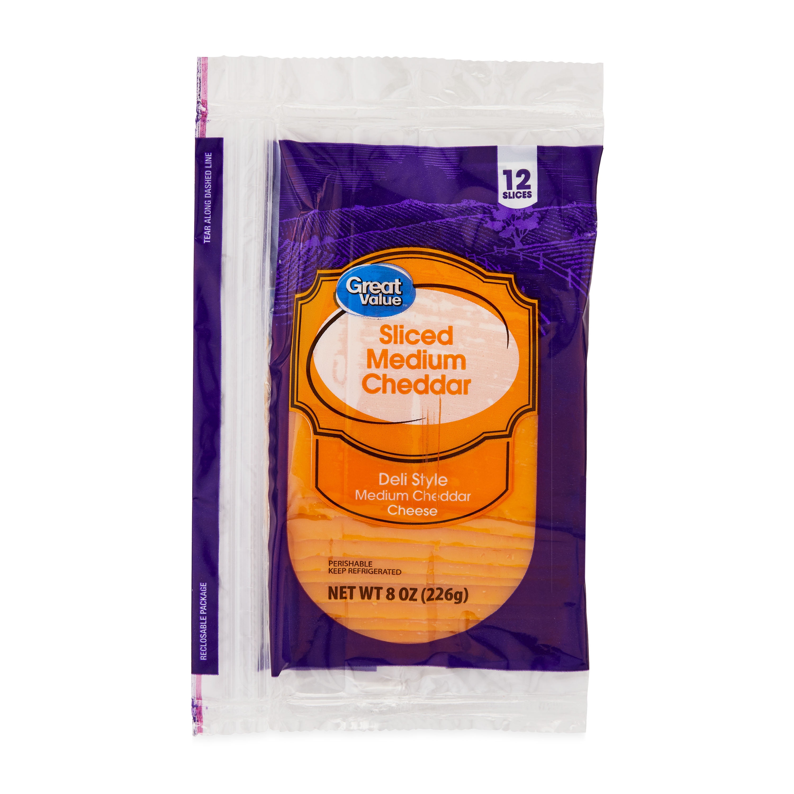 Great Value Medium Cheddar Deli Style Sliced Cheese, 8 oz, 12 Slices