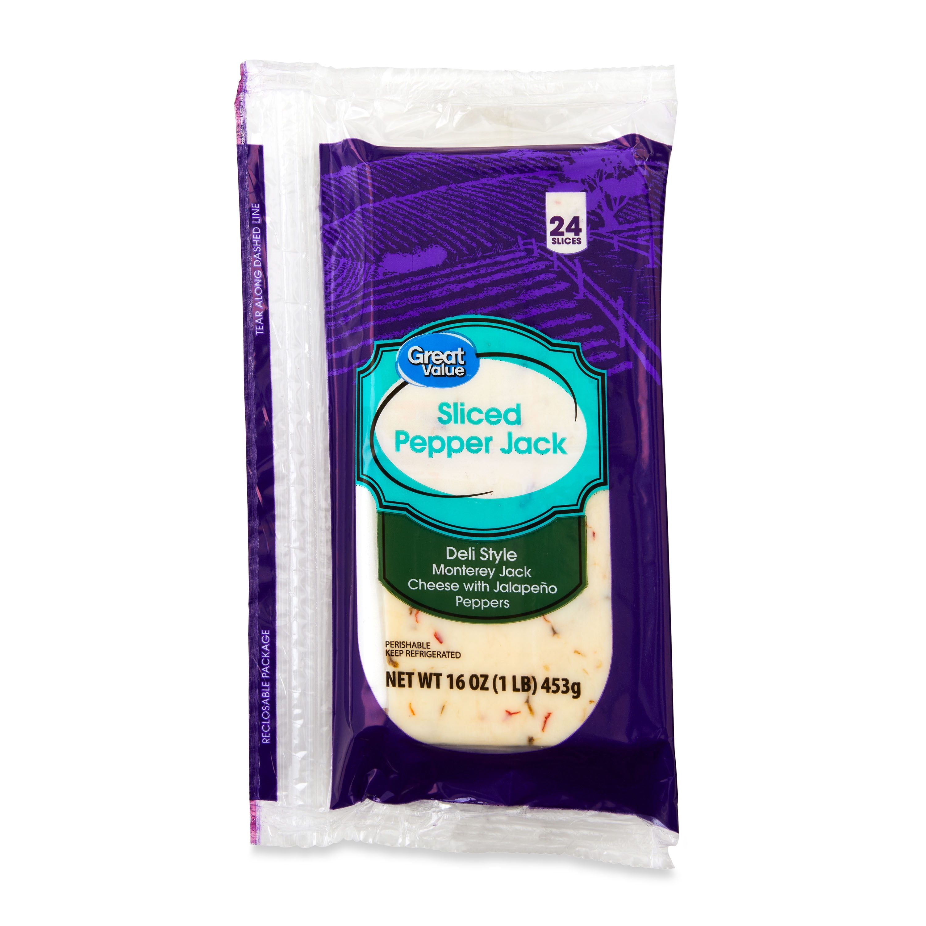 Great Value Pepper Jack Deli Style Sliced Cheese, 16 oz, 24 Slices
