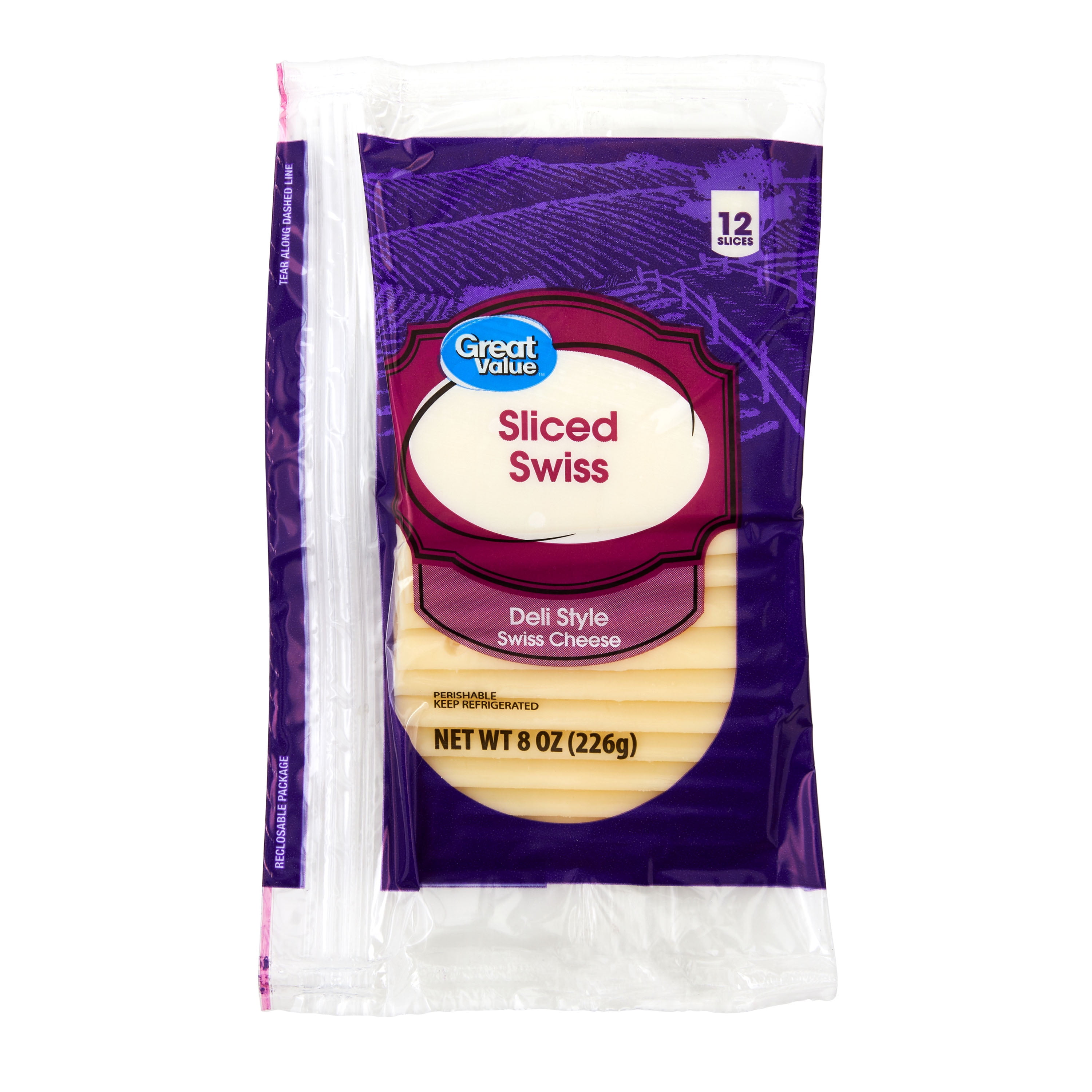 Great Value Swiss Deli Style Sliced Cheese, 8 oz Package 12 Slices