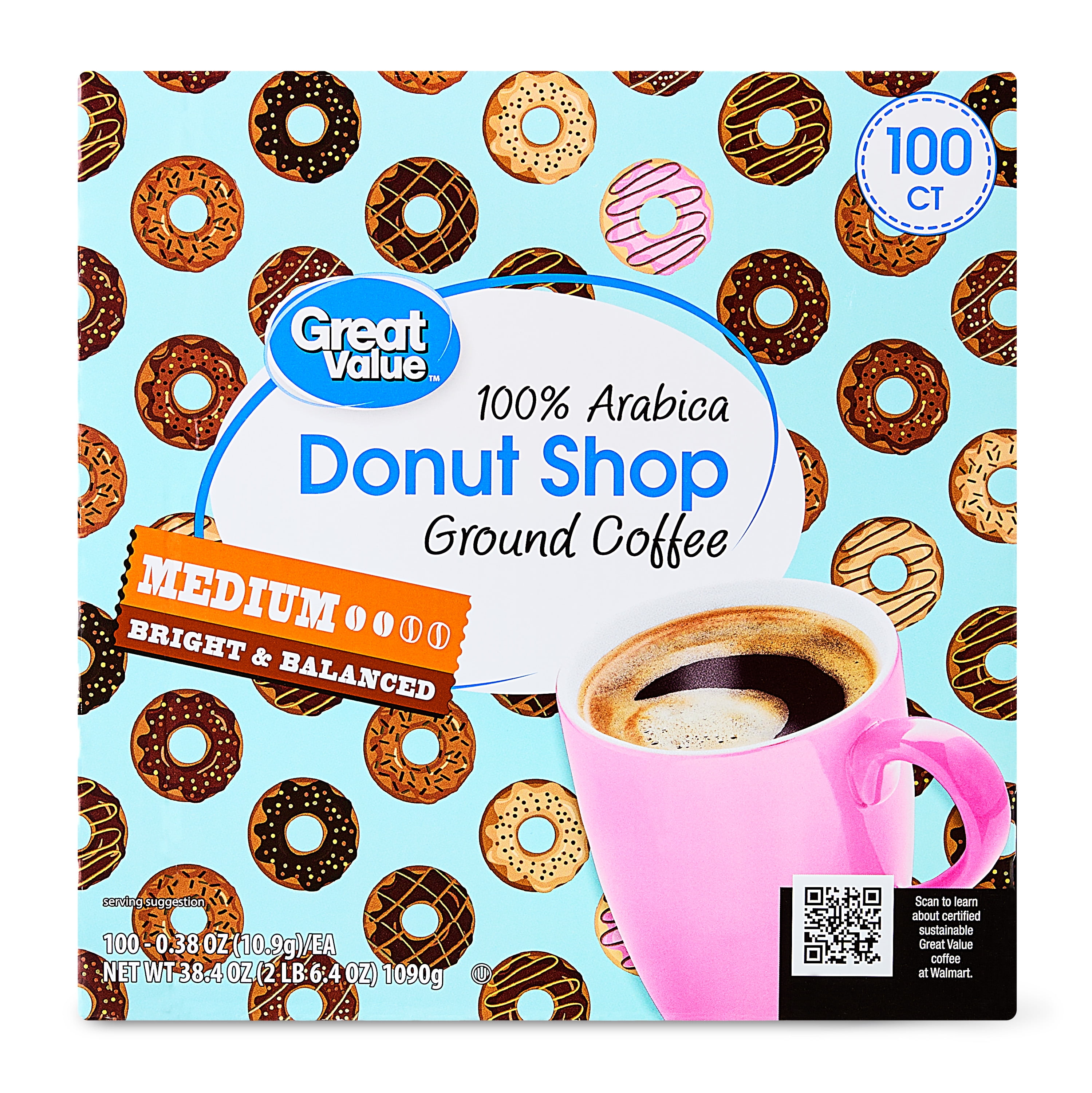 Great Value Donut Shop 100% Arabica Medium Roast Ground Coffee Pods, 38.4 oz, 100 Count
