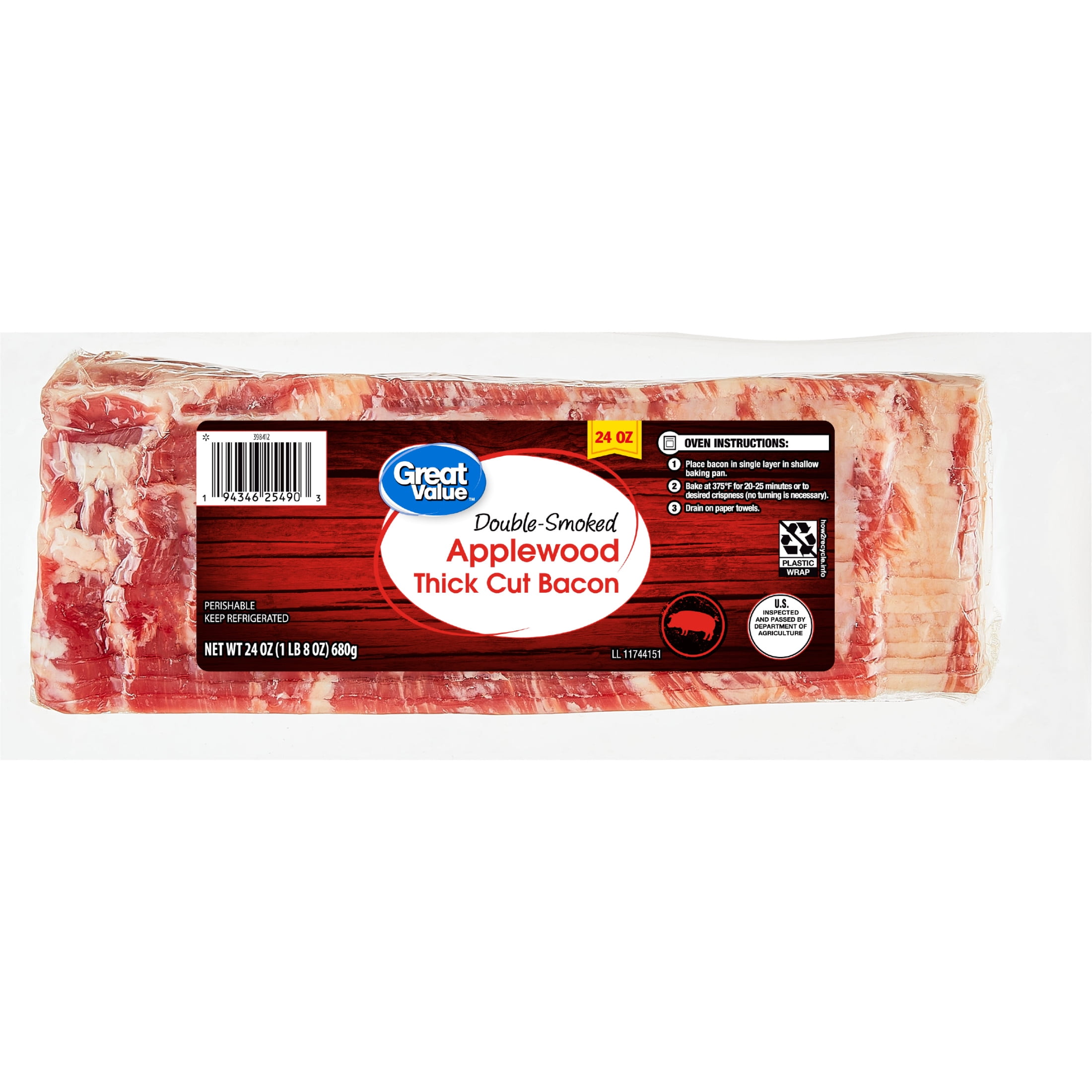 Great Value Double Smoked Applewood Thick Cut Refrigerated Bacon, 24 oz