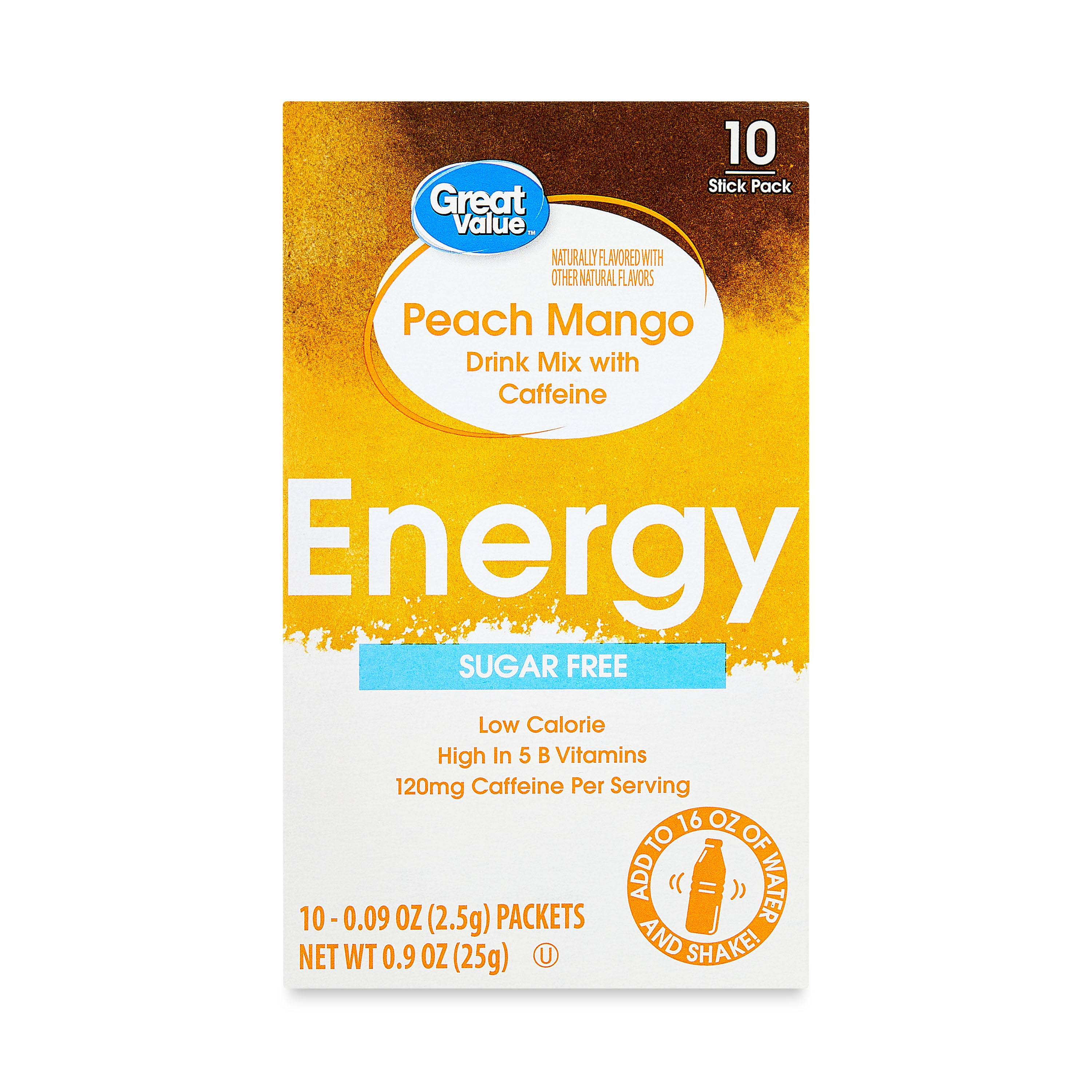 Great Value Energy Peach Mango Drink Mix Packets, Caffeinated, Sugar-Free, 10 Count