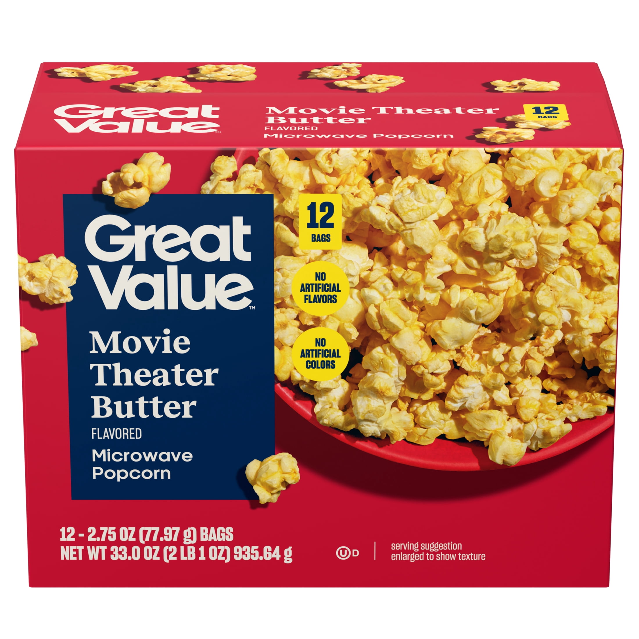 Great Value Movie Theater Butter Microwave Popcorn, 2.75 oz, 12 Count Box