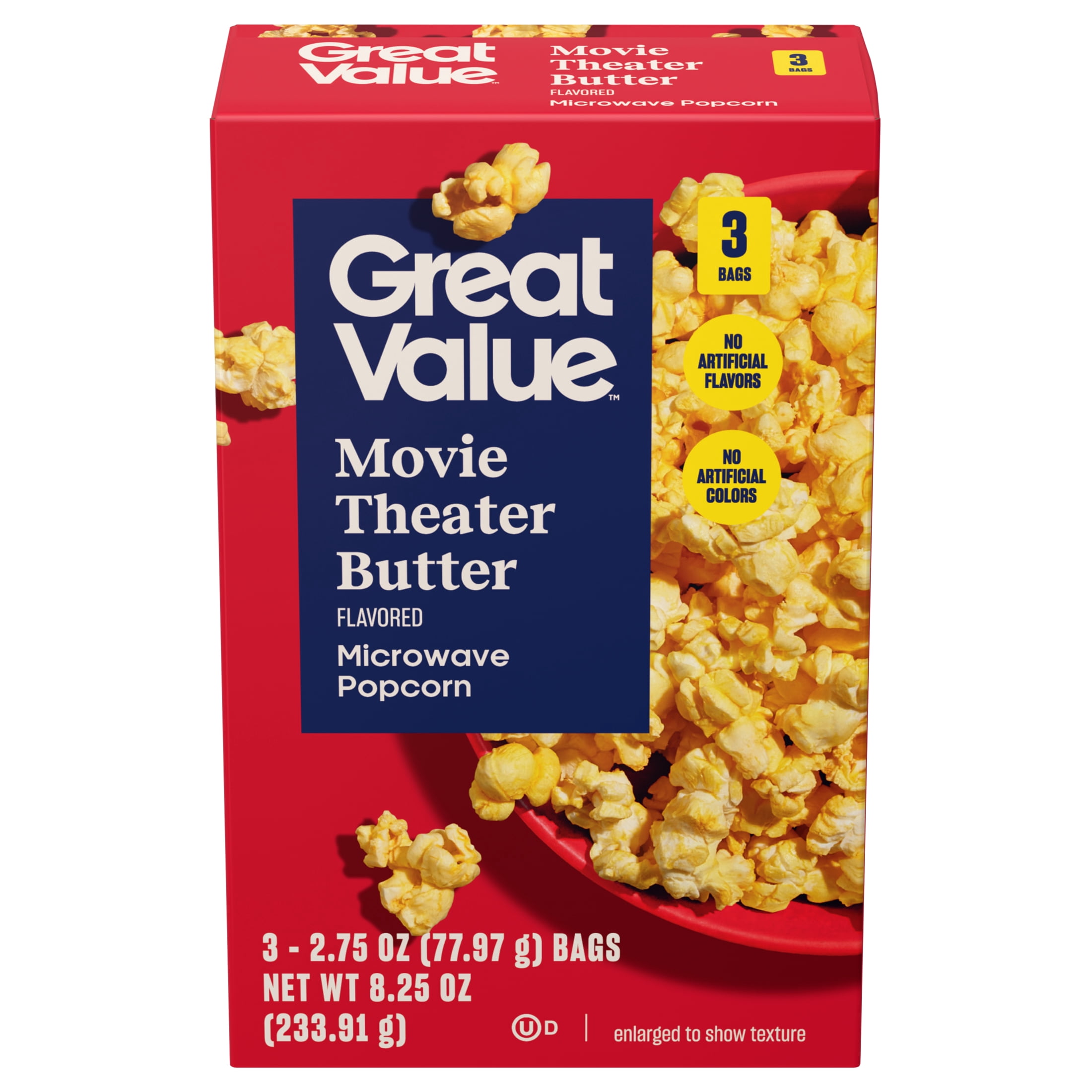 Great Value Movie Theater Butter Microwave Popcorn, 2.75 oz, 3 Count Box