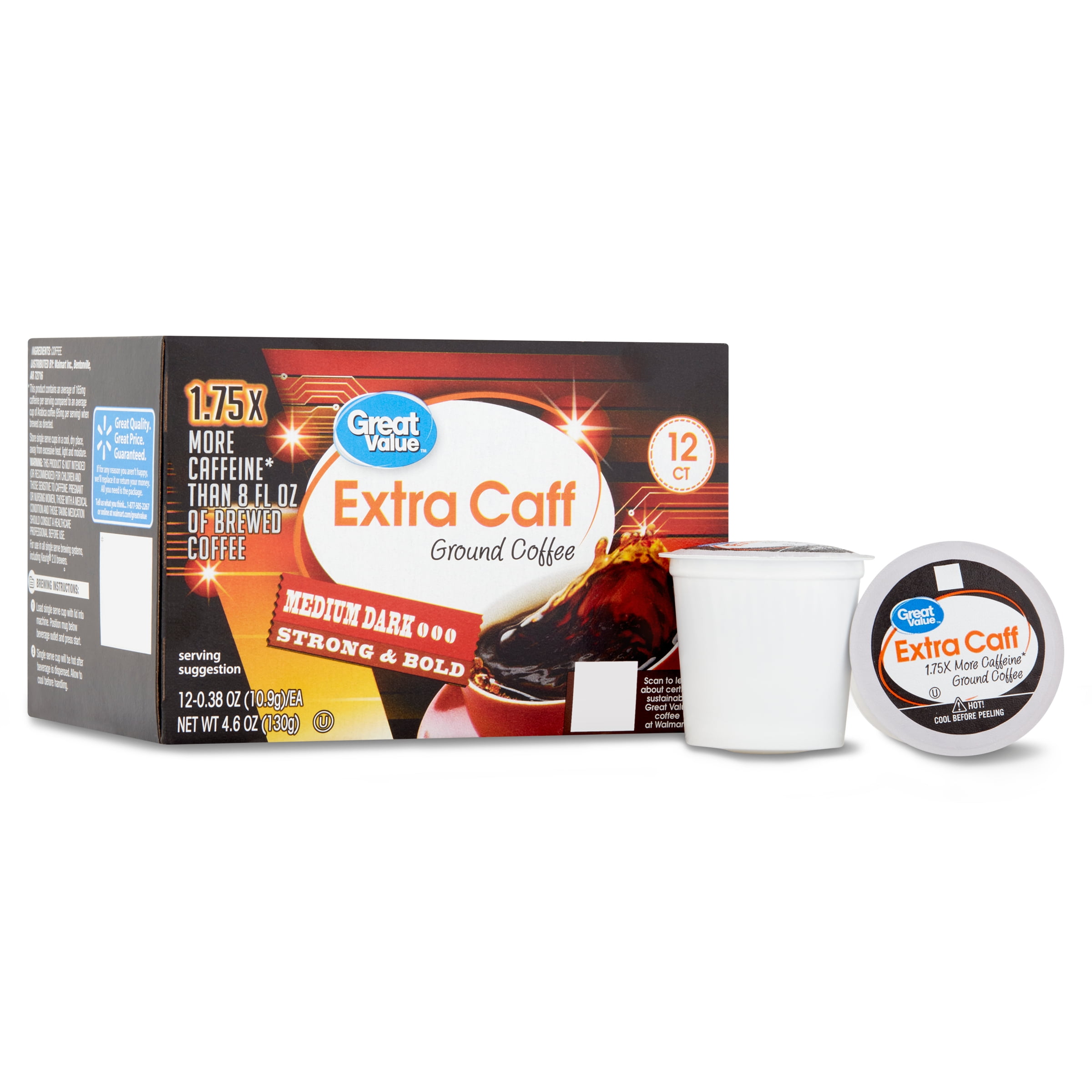 Great Value Extra Caff Medium-Dark Roast Coffee Pods, 12 Ct