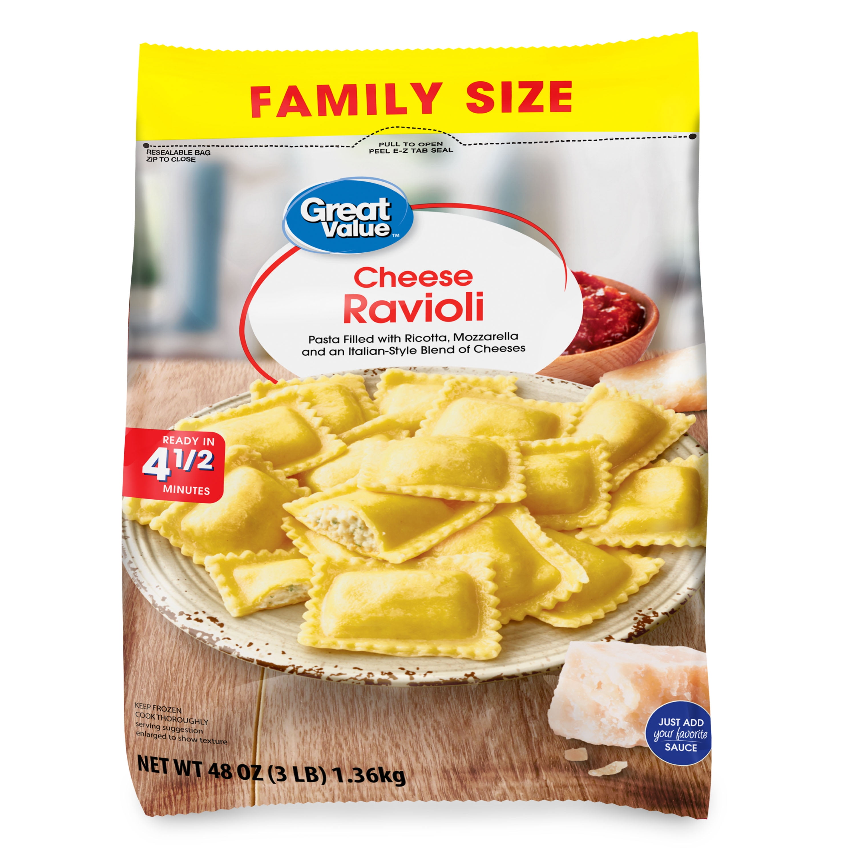 Great Value Family Size Cheese Ravioli Pasta, 48 oz Bag, 1 Count