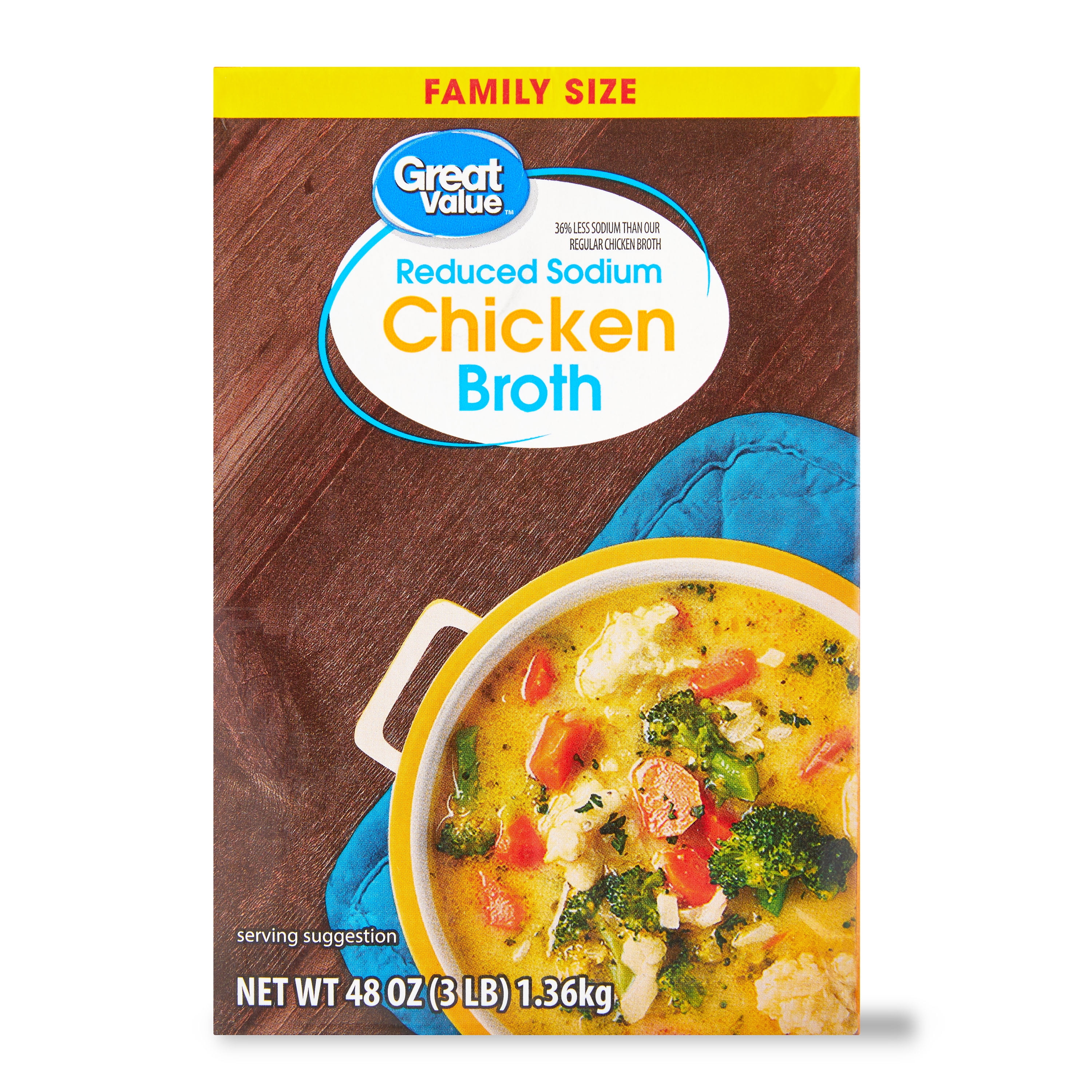 Great Value Family Size Reduced Sodium Gluten-Free Chicken Broth, 48 oz Carton, Shelf-Stable