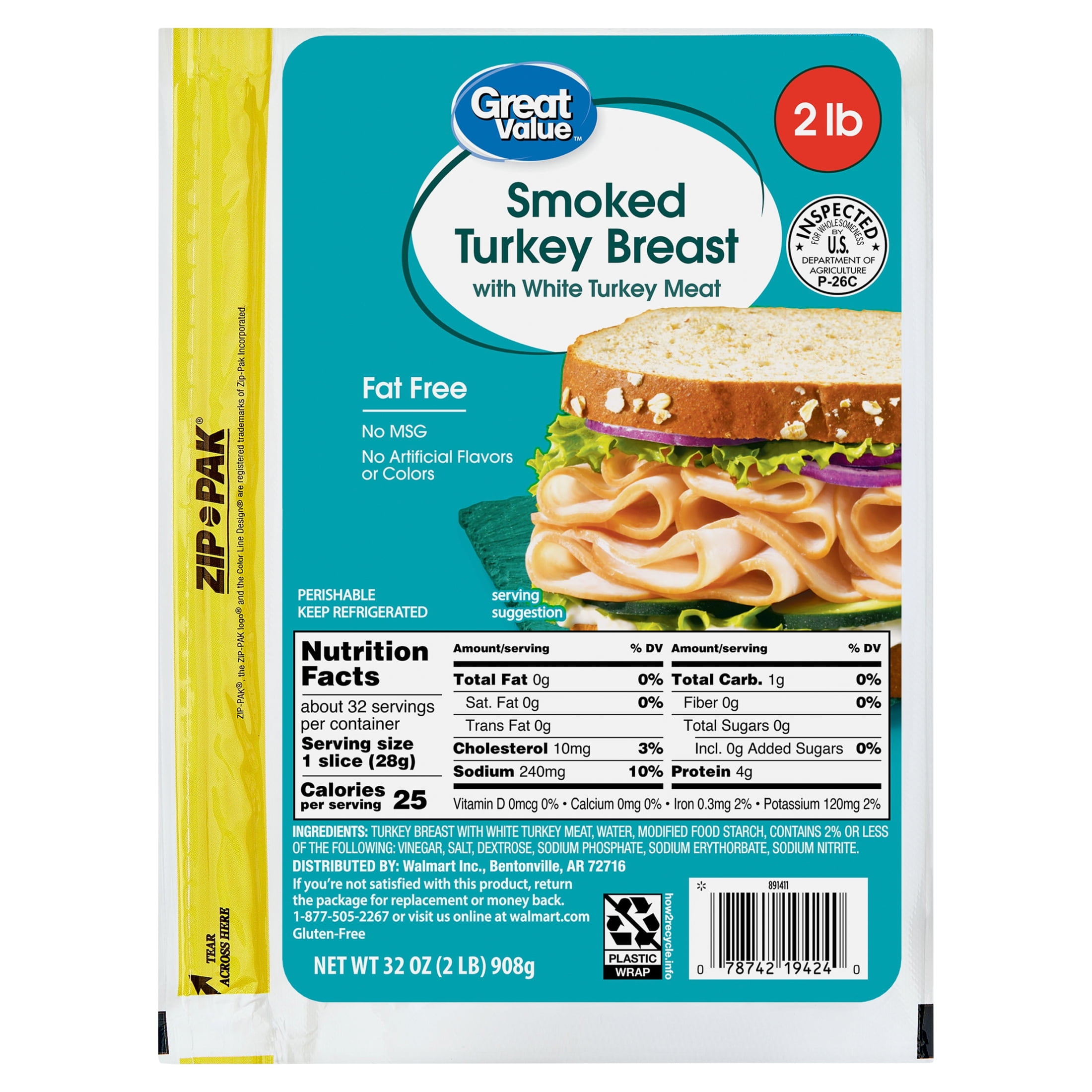 Great Value Smoked Turkey Breast, 32 oz Bag, Fat Free, Deli - Sliced