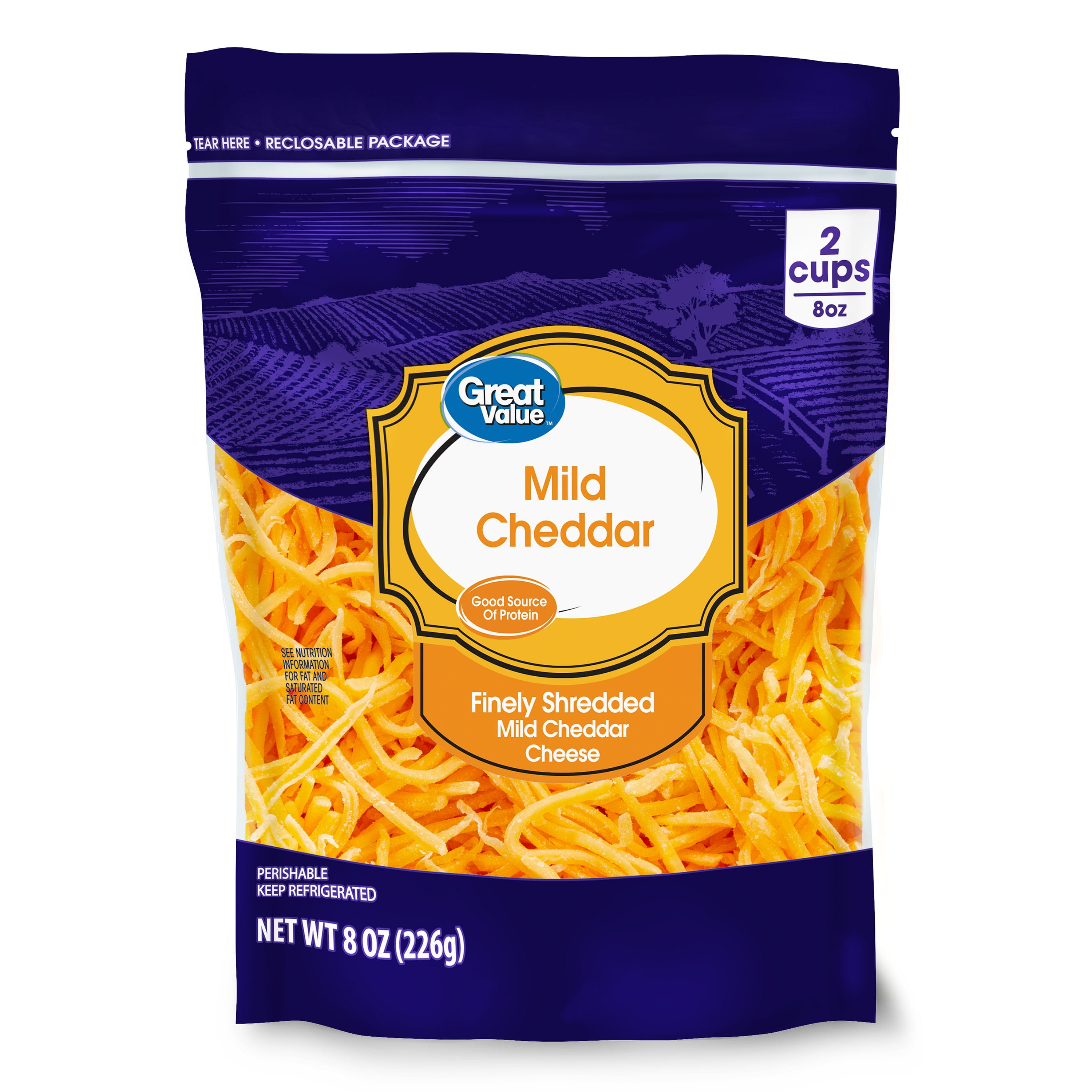 Great Value Mild Cheddar Finely Shredded Cheese, 8 oz Bag