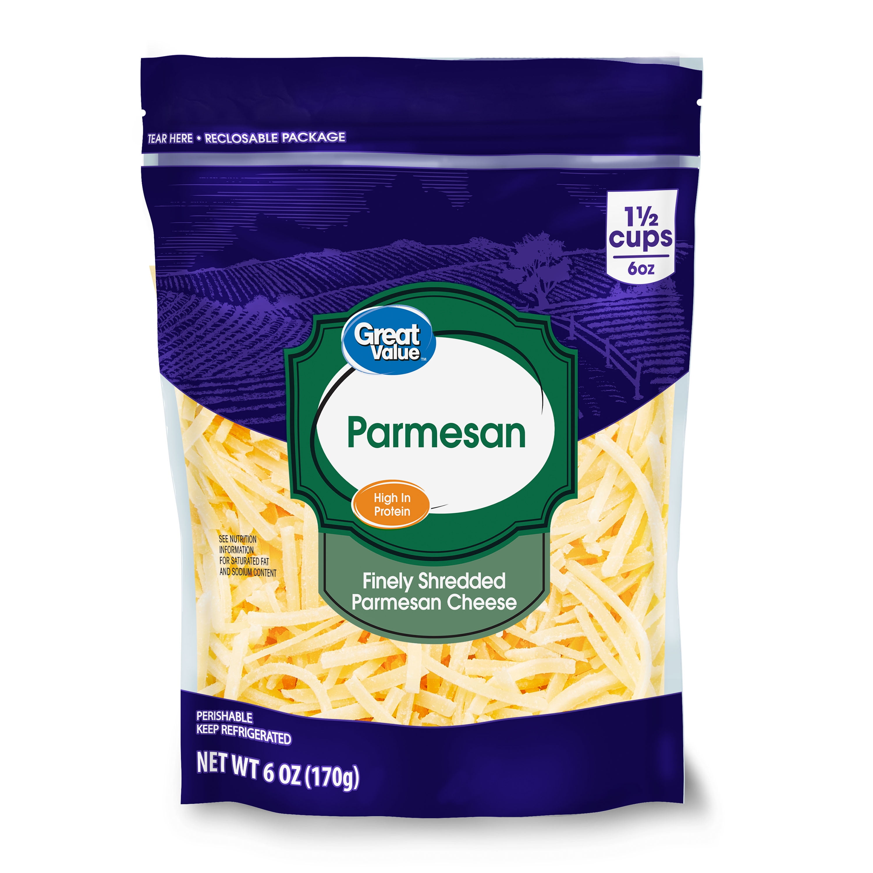 Great Value Parmesan Finely Shredded Cheese, 6 oz Bag