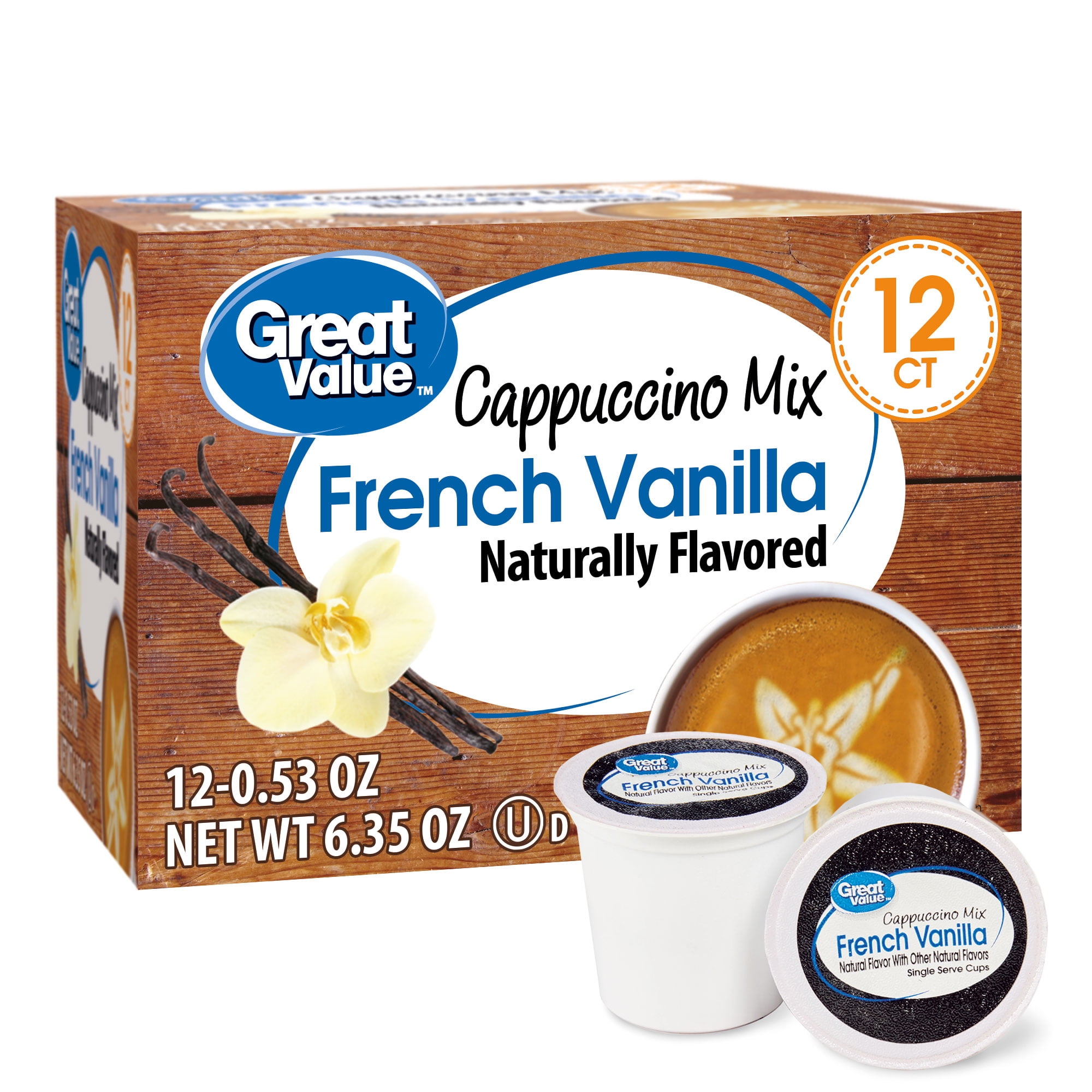 Great Value French Vanilla Cappuccino Mix Medium Roast Coffee Pods, 12 Count