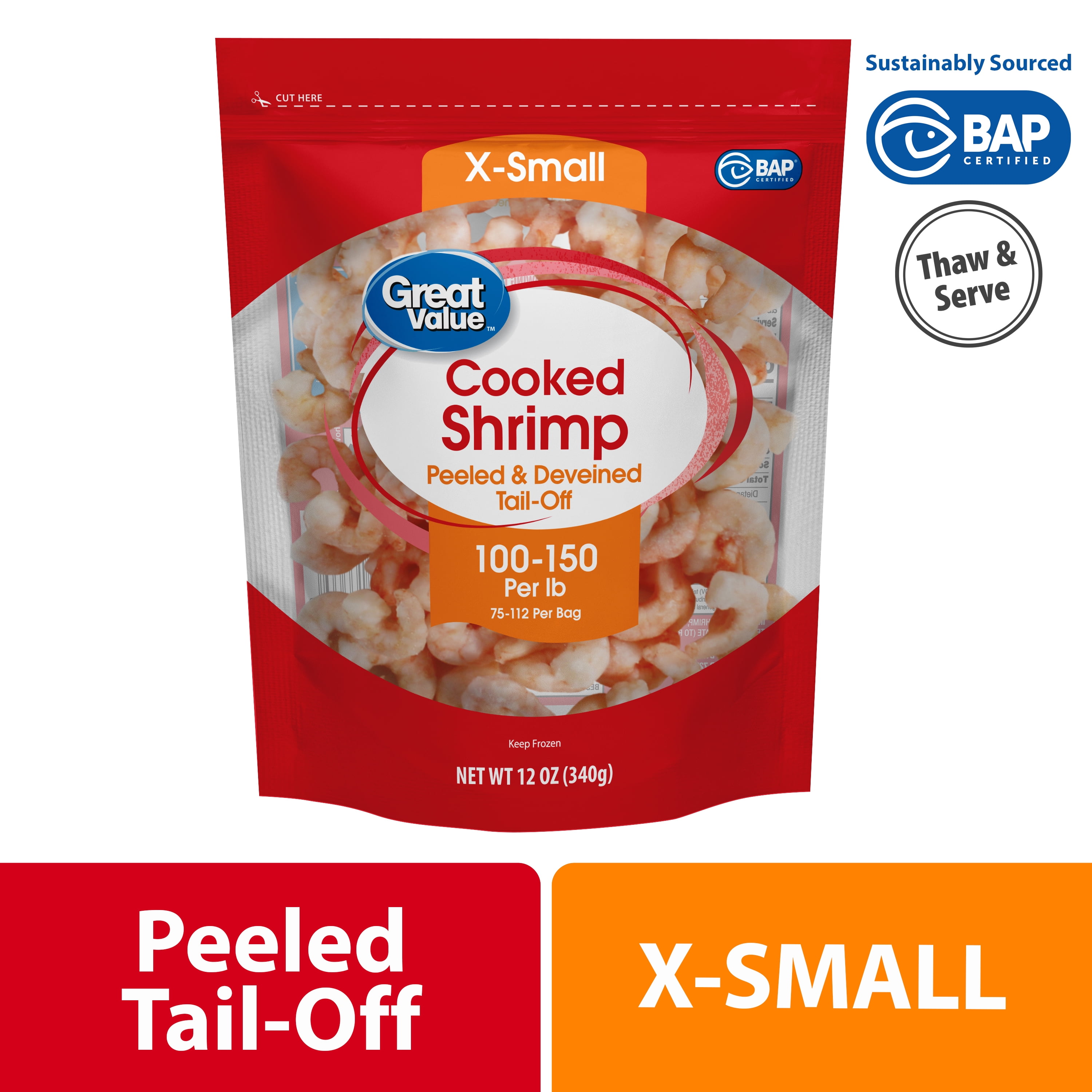 Great Value Frozen Cooked Extra Small Peeled and Deveined, Tail-off Shrimp, 12 oz (100-150 Count per lb)