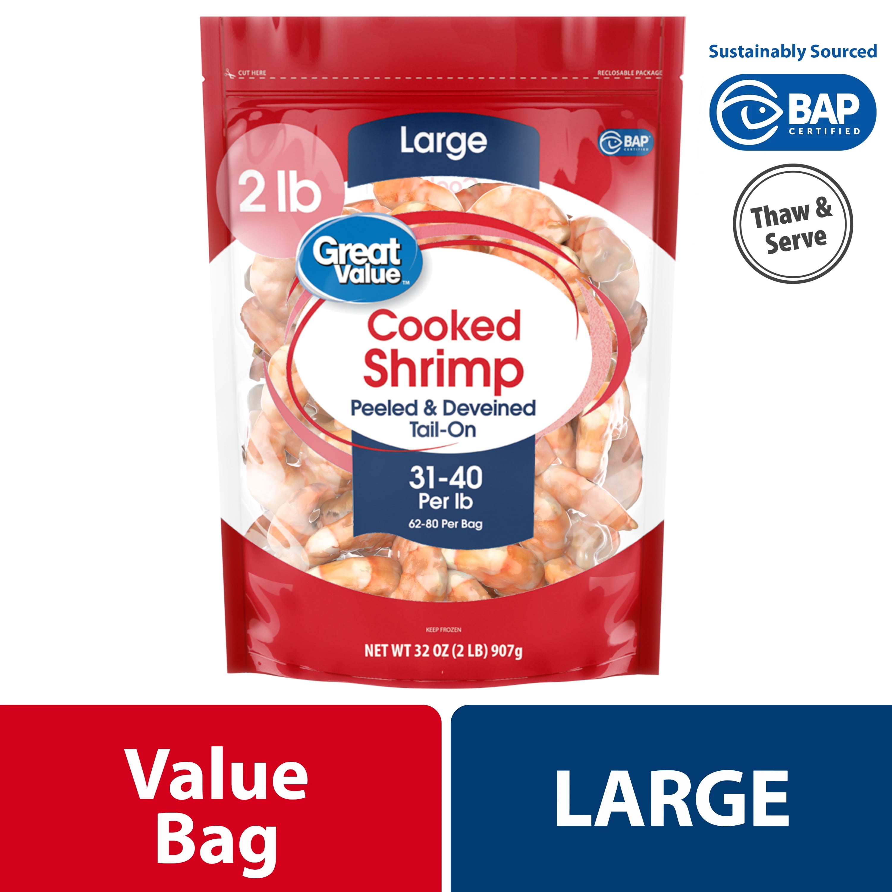 Great Value Frozen Cooked Large Peeled Deveined Tail-on Shrimp, (31-40 Count per lb), 2lb, Value Bag, Contains Shellfish
