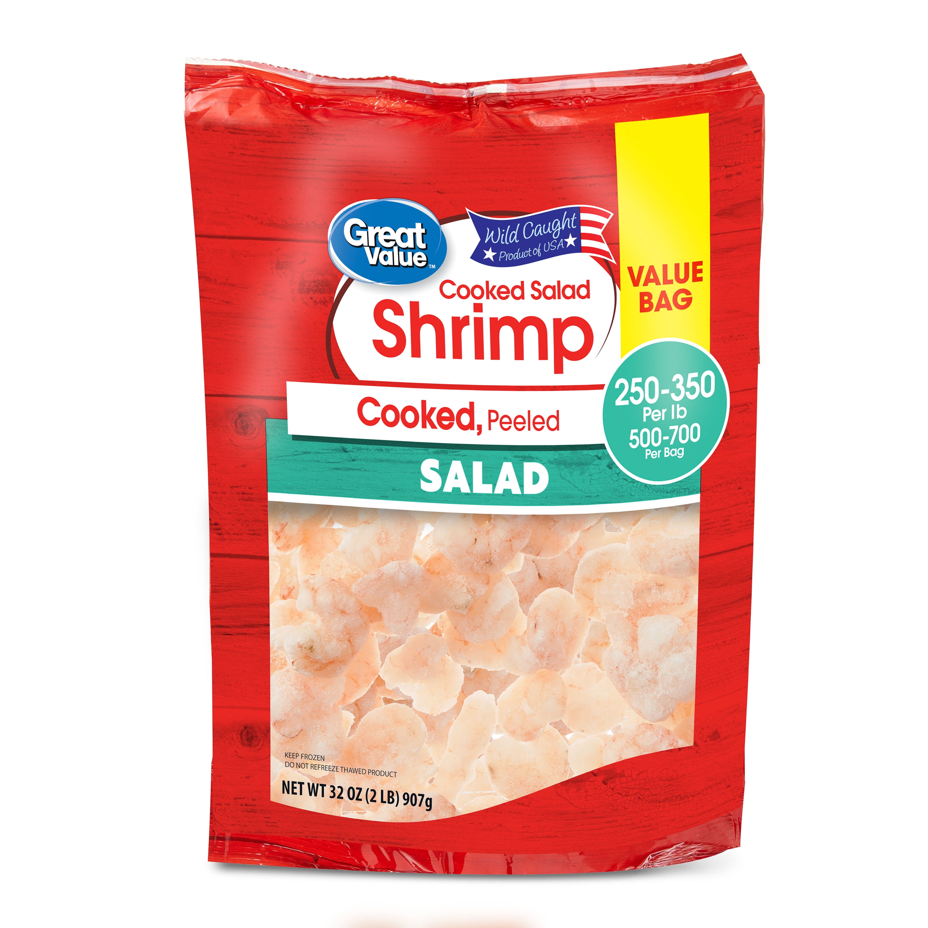 Great Value Frozen Cooked Peeled, Tail-off Salad Shrimp, 32 oz Bag (250-350 Count per lb)
