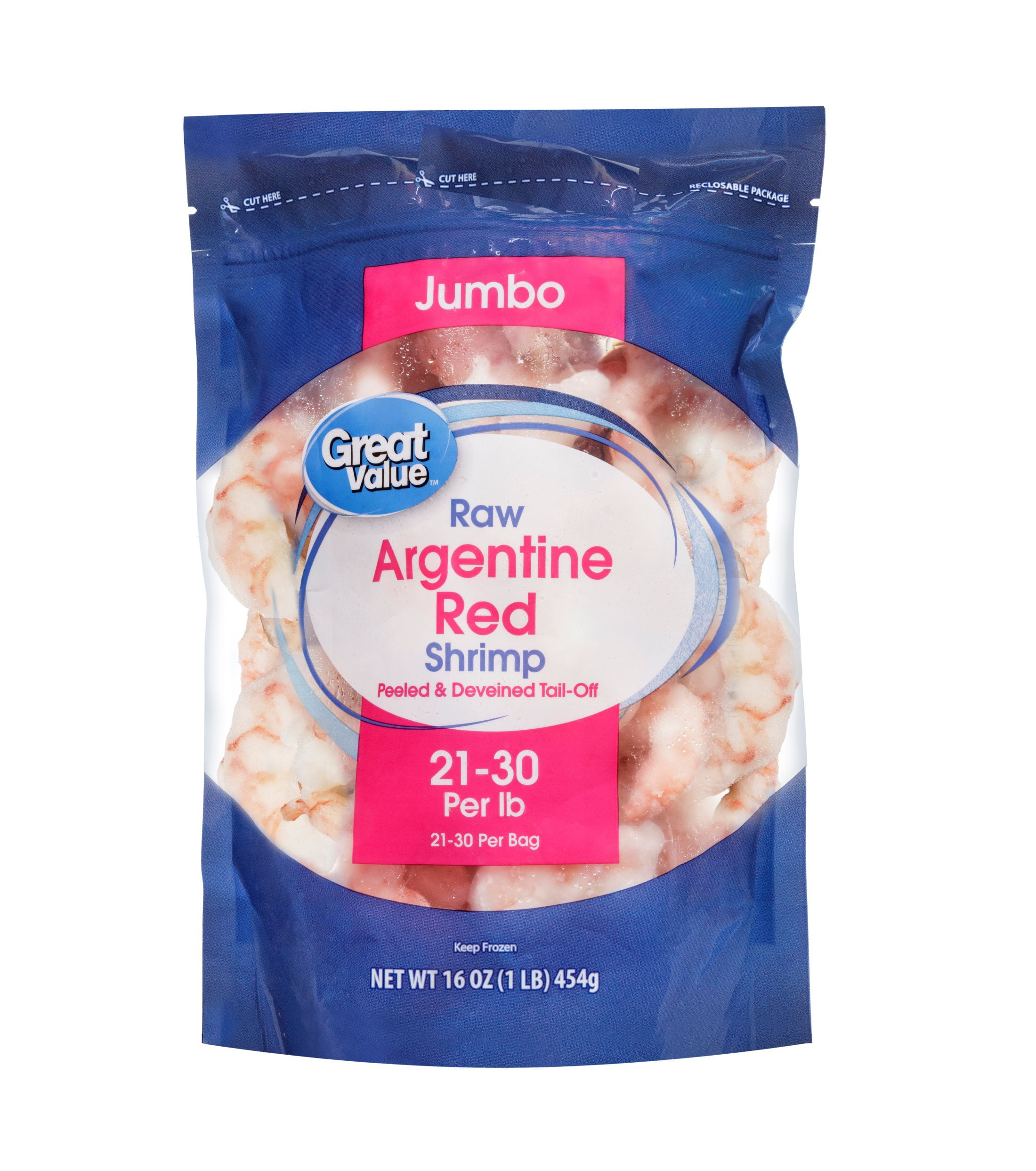 Great Value Frozen Raw Argentine Red Shrimp, Peeled and Deveined, Tail-off, 21 -30 Count per 1 lb Bag, 11g Protein per 4 oz (113g) Serving