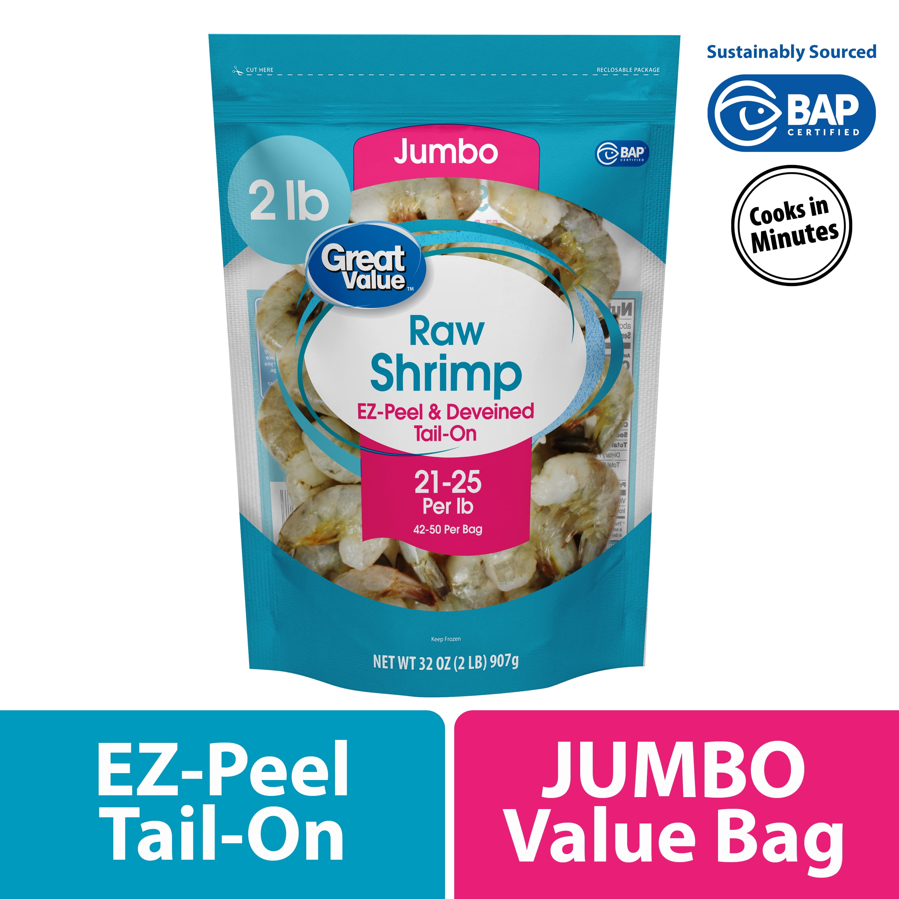 Great Value Frozen Raw Jumbo Shell-on, Tail-on, Easy Peel Shrimp, 32 oz Bag (21-25 Count per lb)