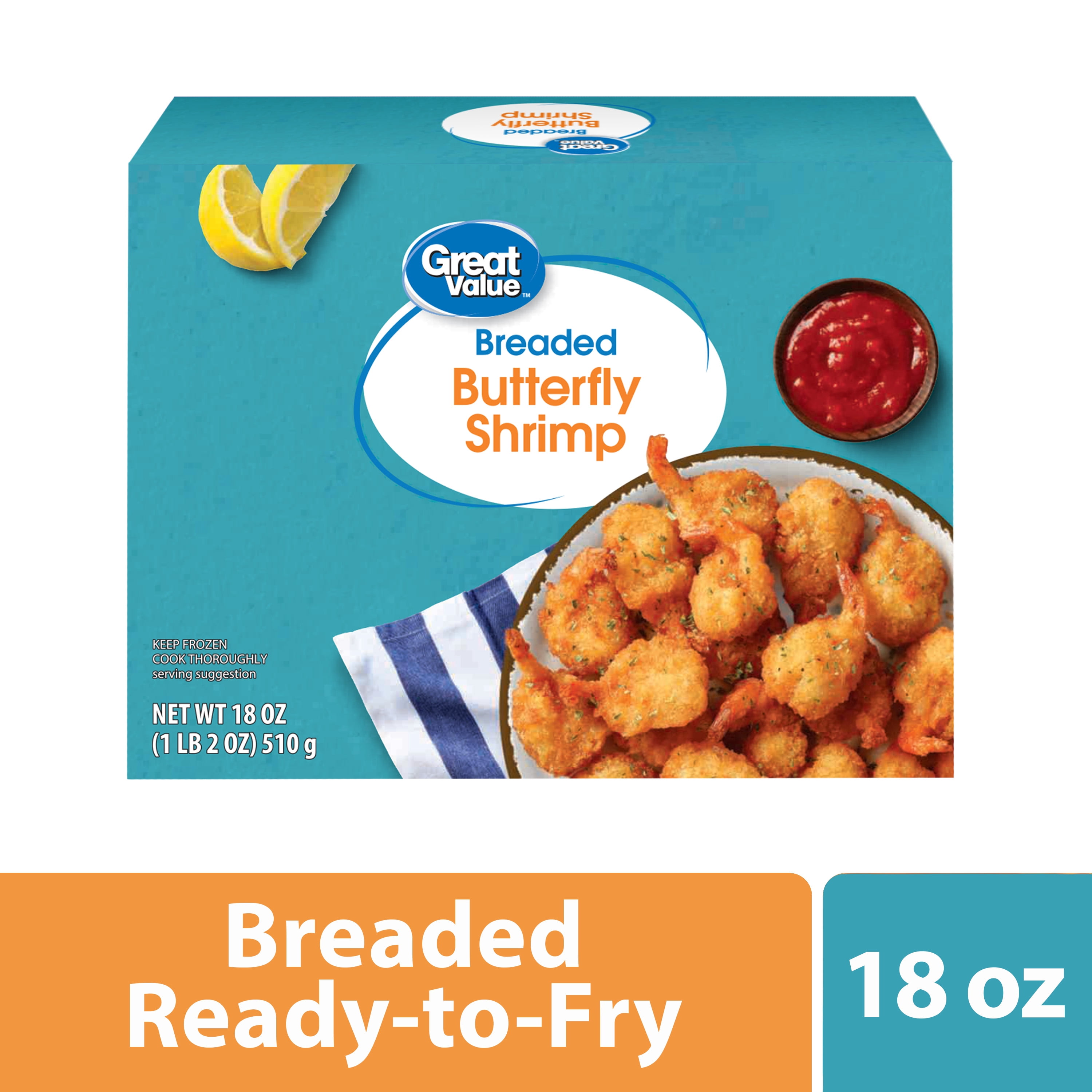 P65 Great Value Frozen Ready to Cook Shrimp Seafood Breaded Butterfly, 18 oz Contains Shrimp, Wheat, Soy.