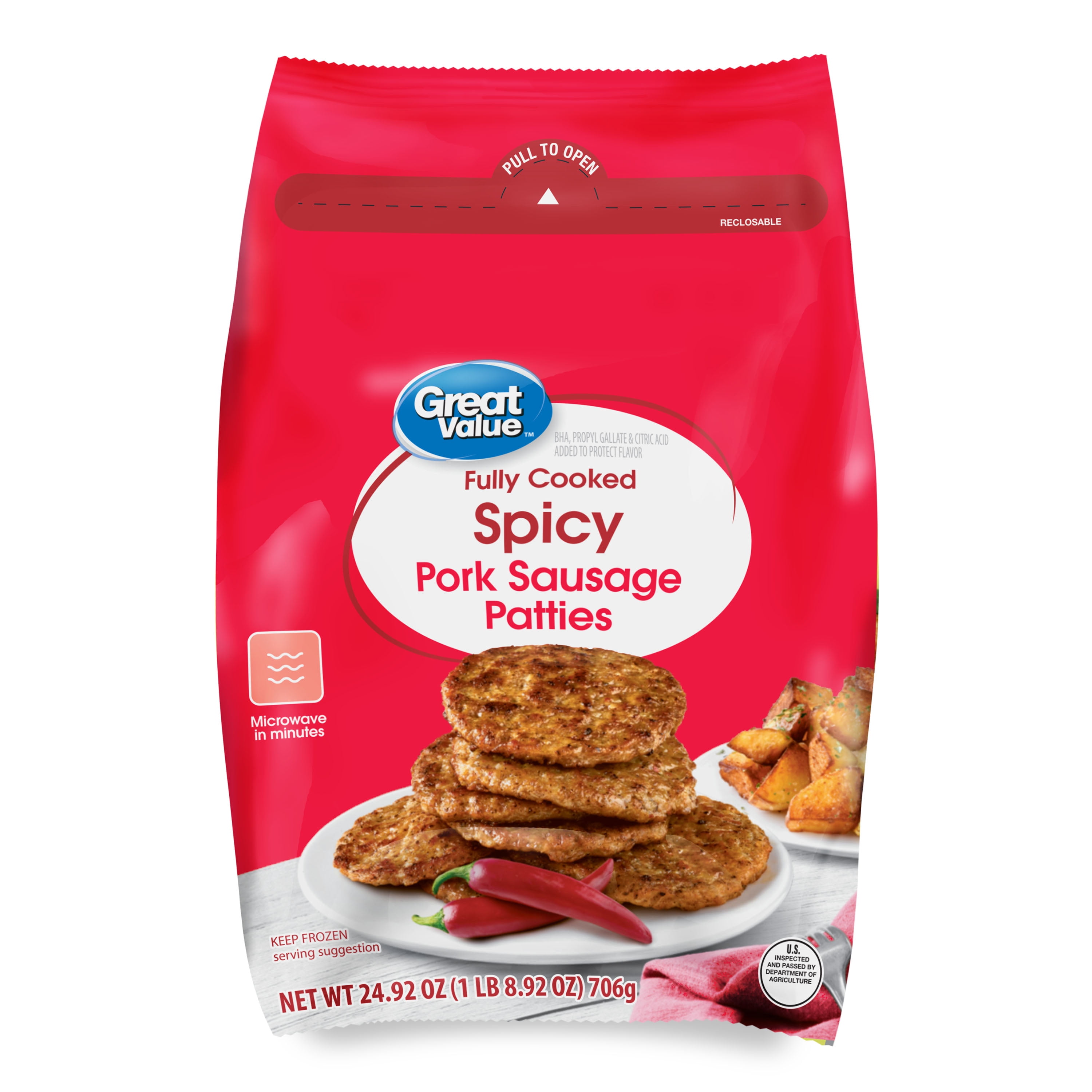 Great Value Fully Cooked Spicy Frozen Pork Sausage Patties, 24.92 oz bag