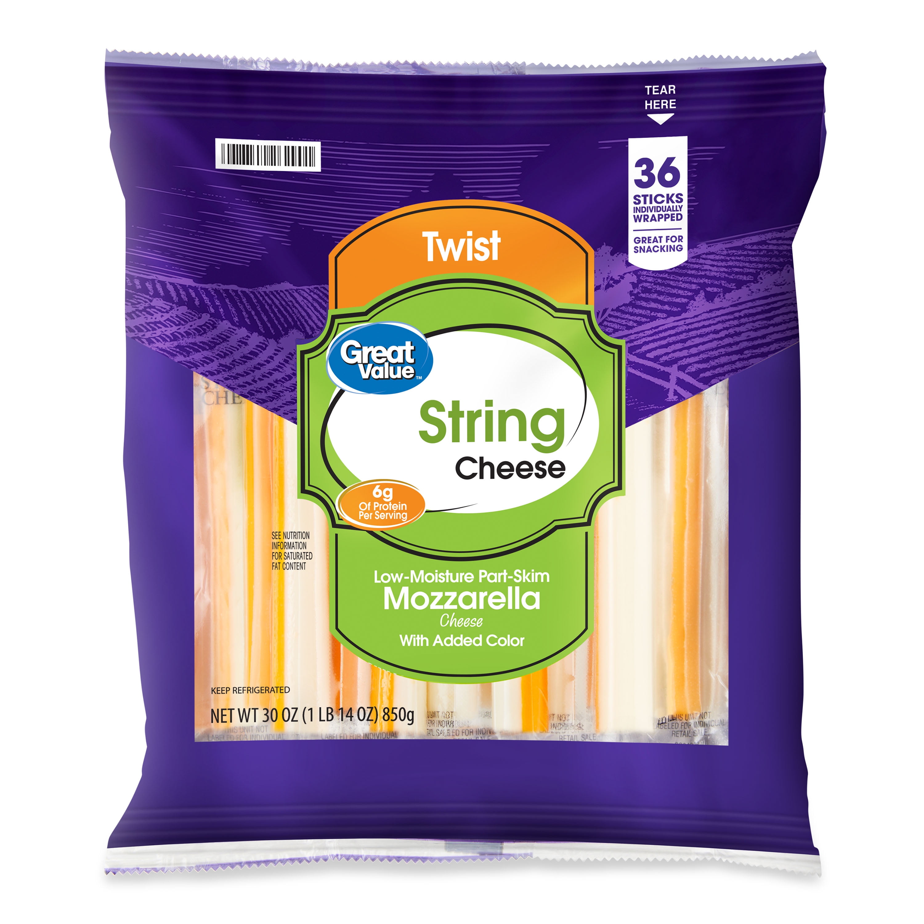 Great Value Low-Moisture Part-Skim Mozzarella Twist String Cheese, 30 oz Bag, 36 Sticks