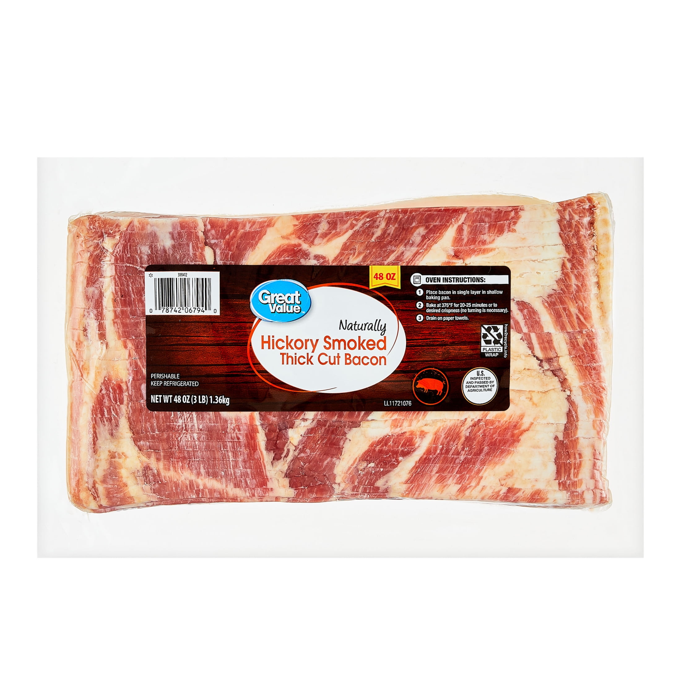 Great Value Hickory Smoked Pork Bacon, 48 oz, Refrigerated, Gluten-Free