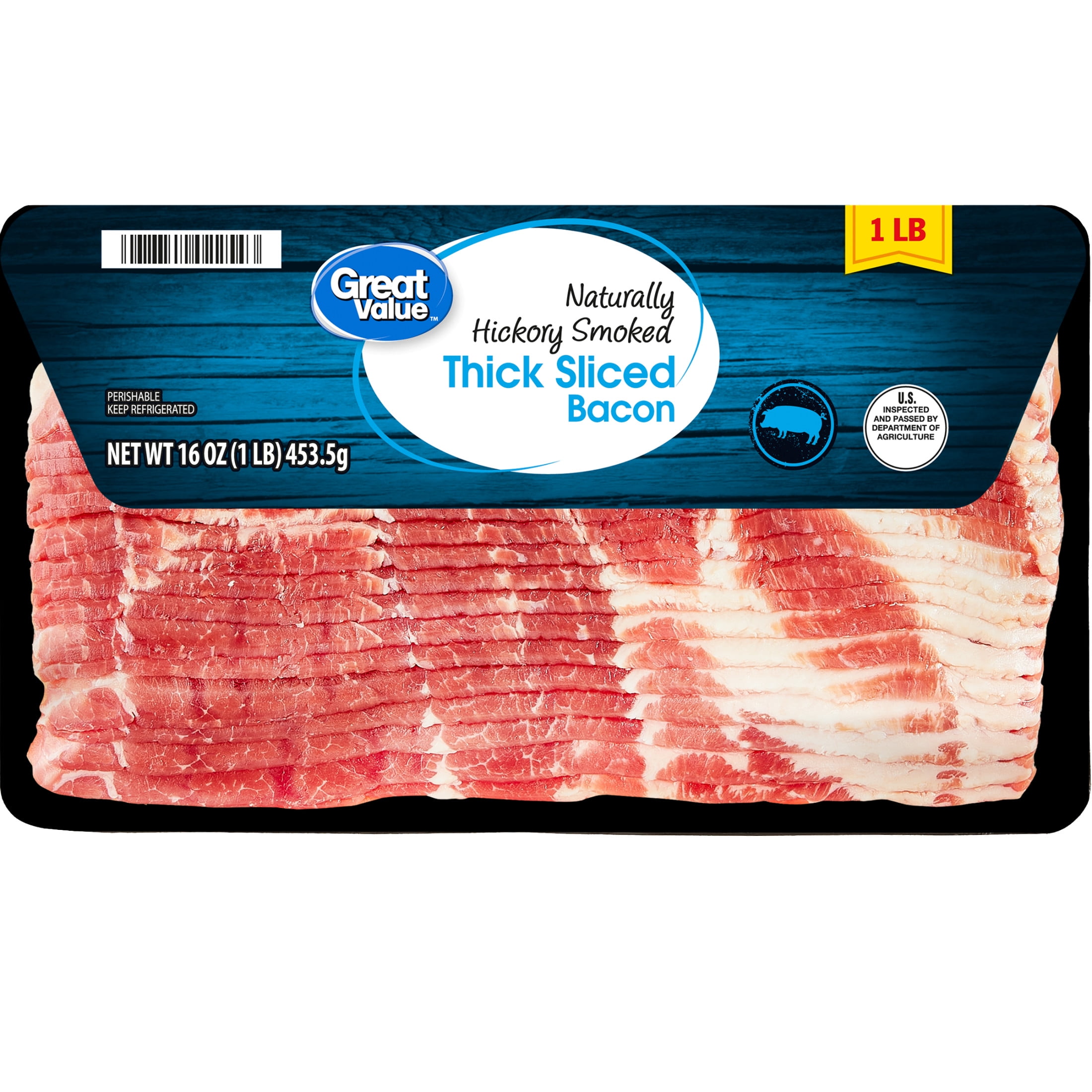 Great Value Naturally Hickory Smoked Thick Cut Sliced Bacon, 16 oz