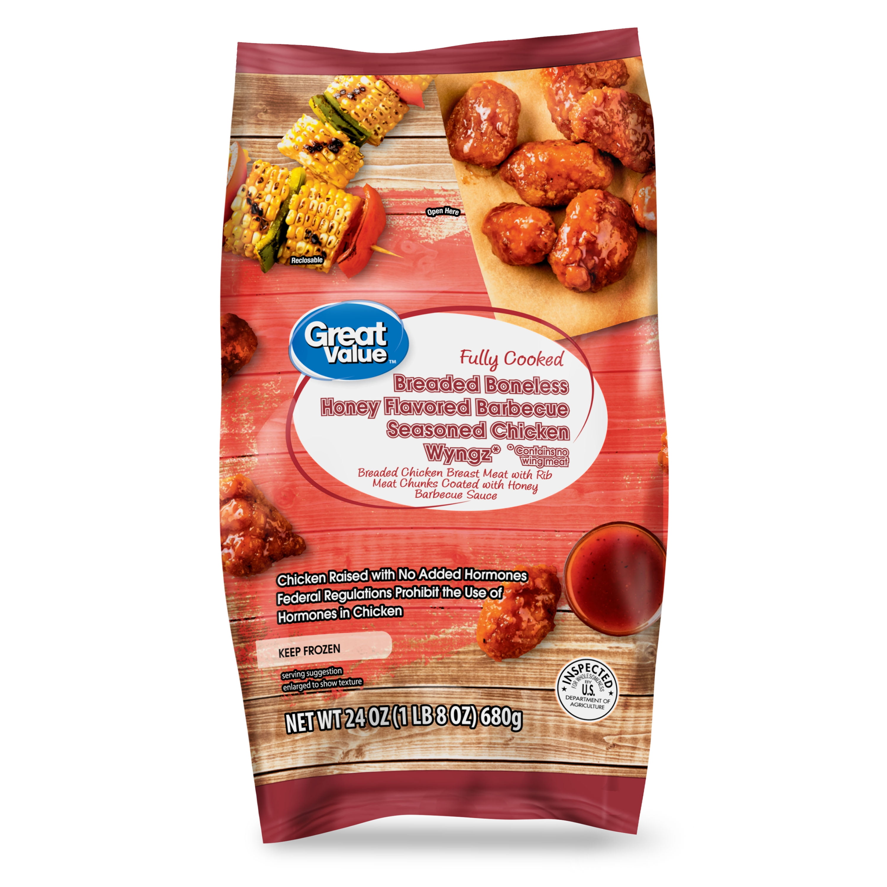 Great Value Honey BBQ Seasoned Boneless Fully Cooked Chicken Bites, 24 oz (Frozen)