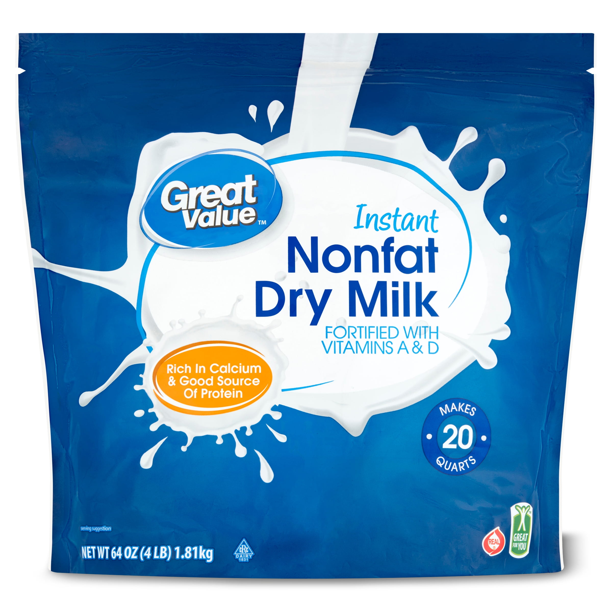 Great Value Instant Nonfat Dry Milk, 64 oz Bag, Makes 20 Quarts