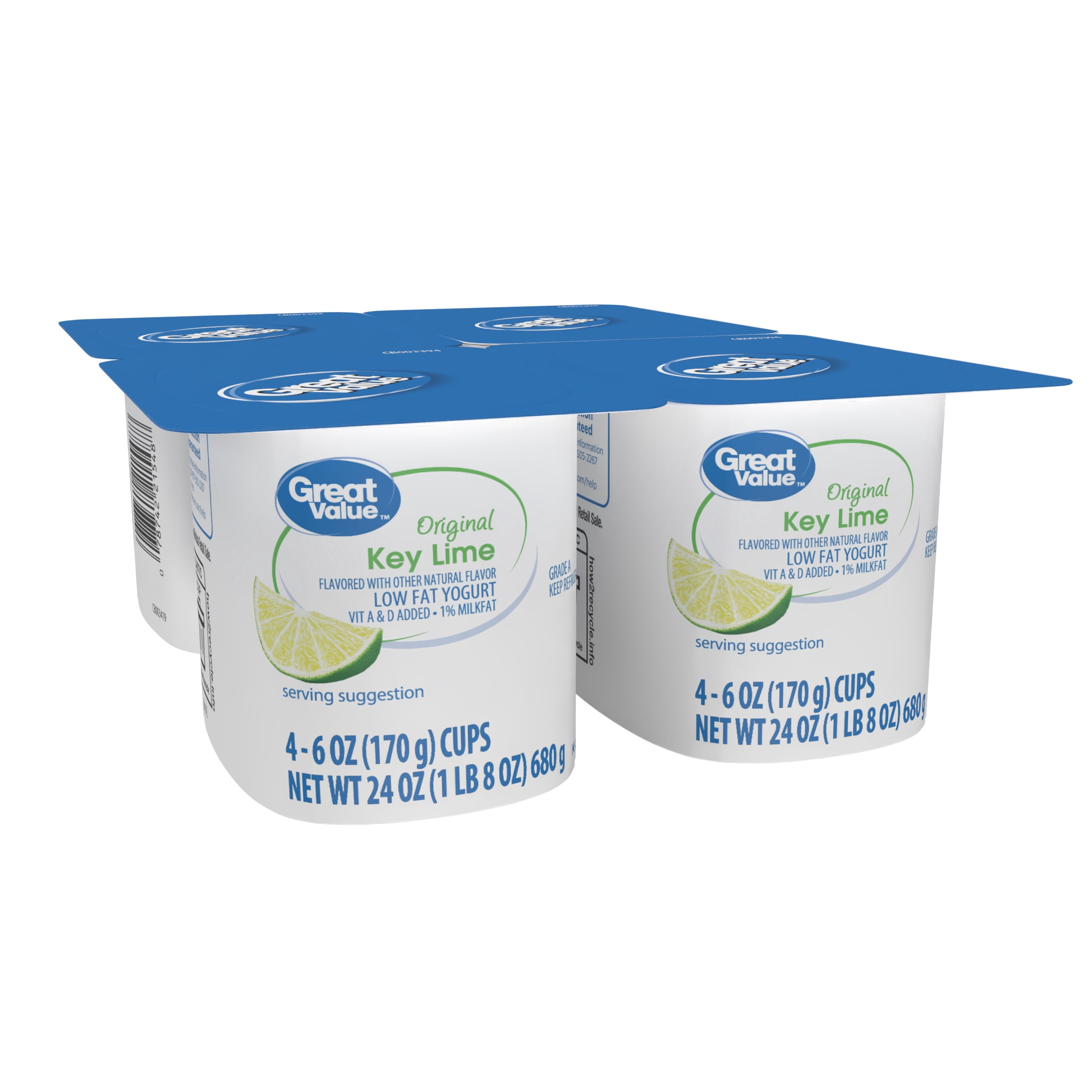 Great Value Key Lime Low-Fat Original Yogurt, 6 oz Cups, 4 Count