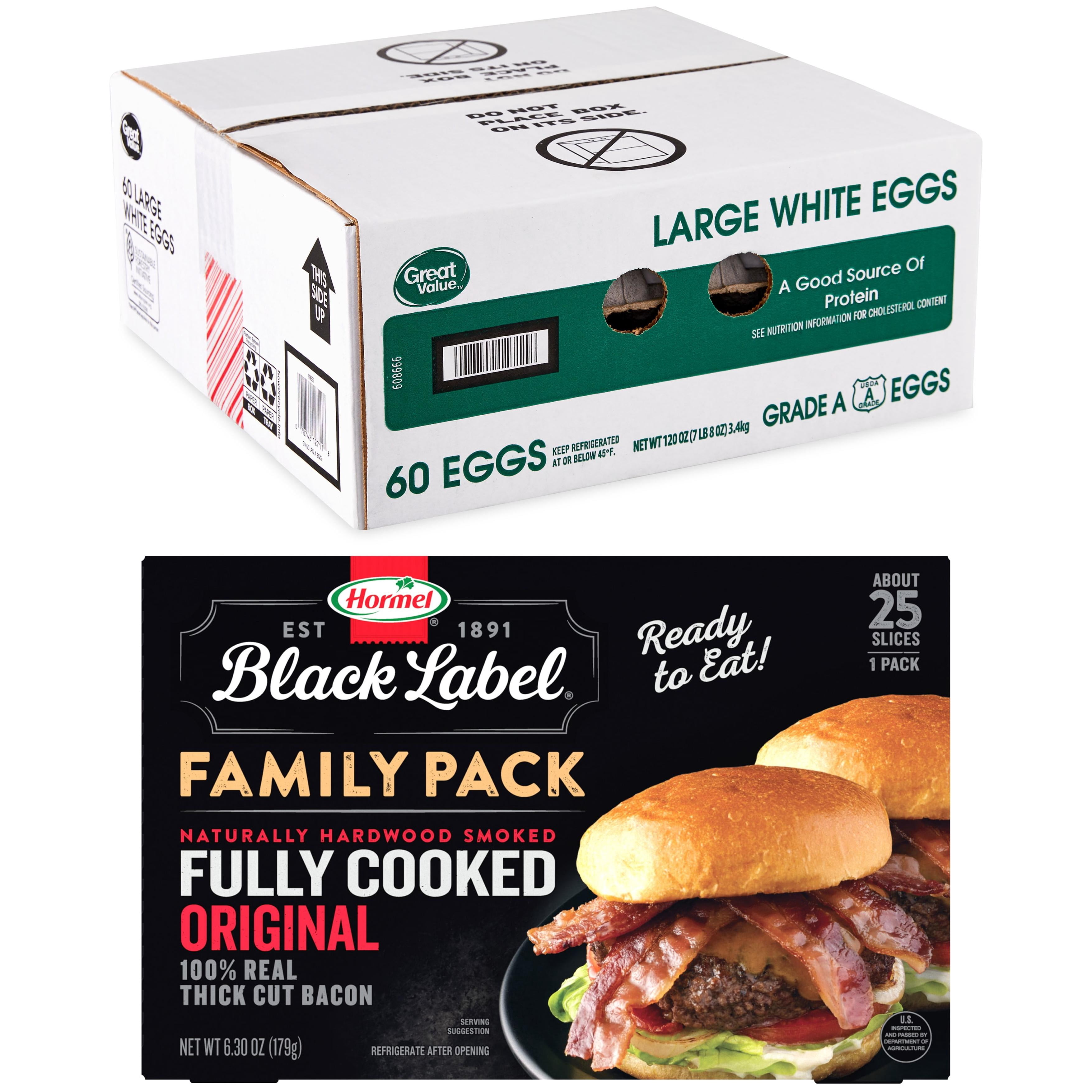 Great Value Large White Eggs & HORMEL BLACK LABEL Fully Cooked Bacon Breakfast Bundle