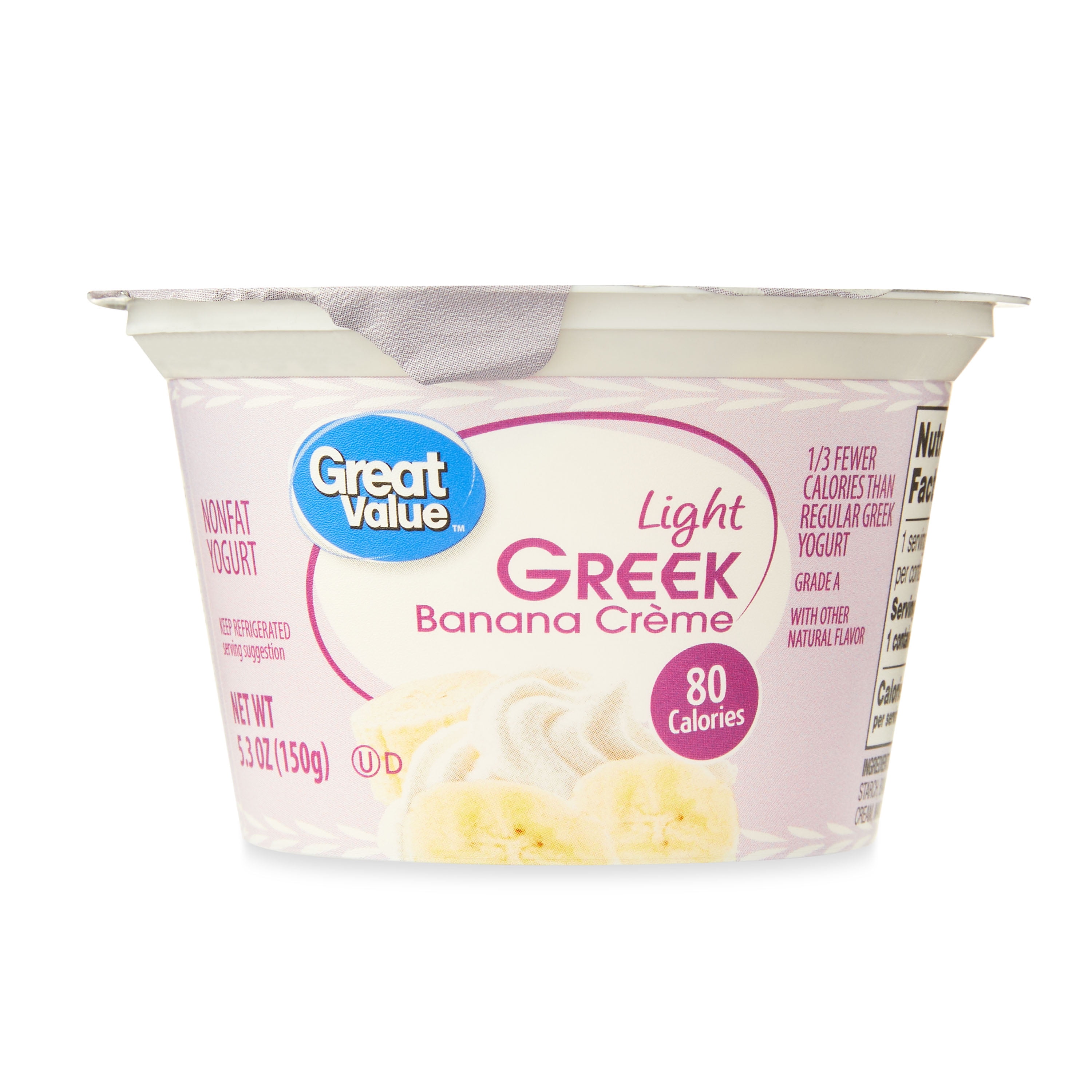 Great Value Banana Cream Light Nonfat Greek Yogurt, 5.3 oz Cup