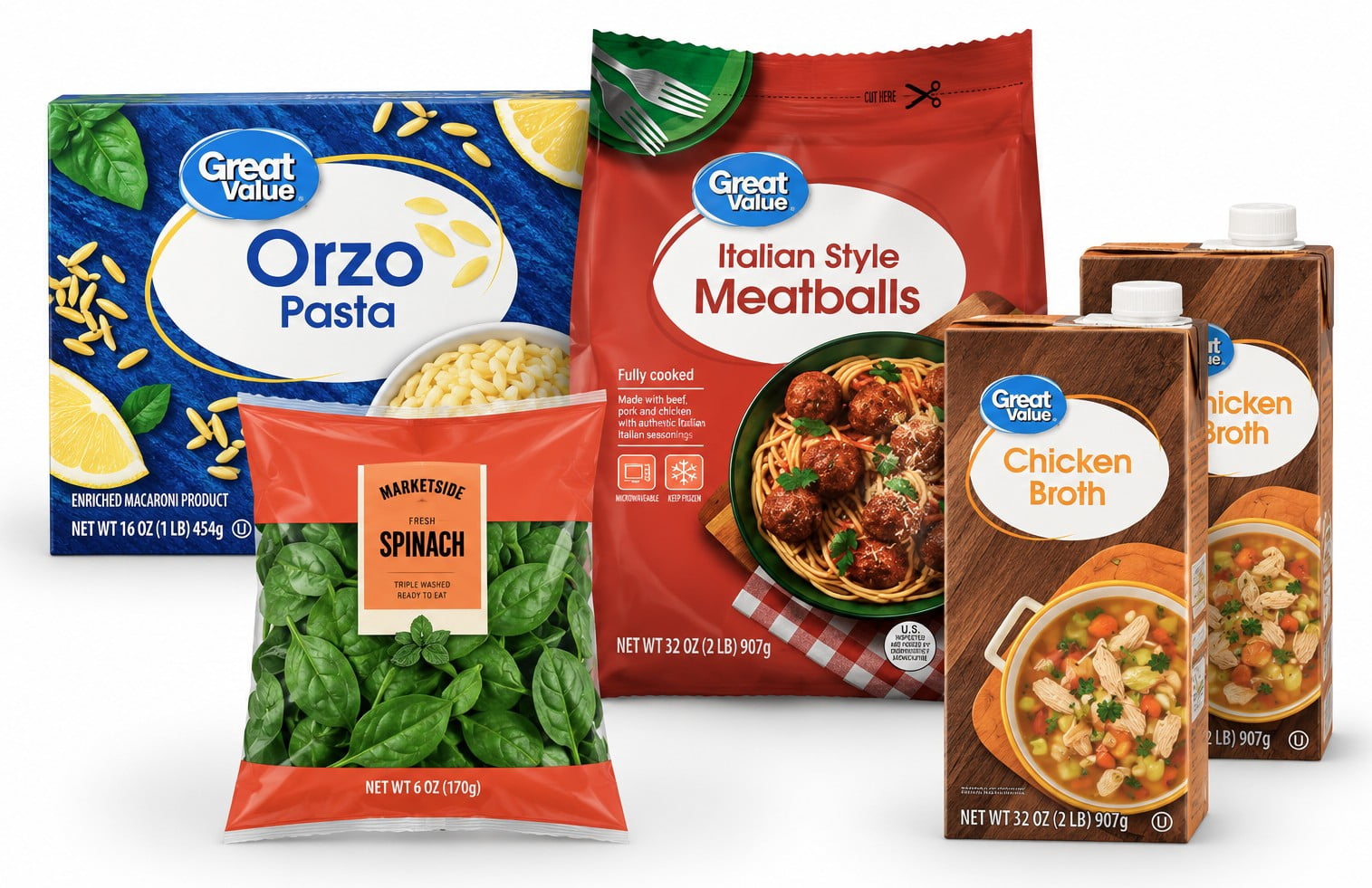 Great Value Meatball Soup Dinner Bundle with Chicken Broth, Orzo Pasta, and Fresh Spinach