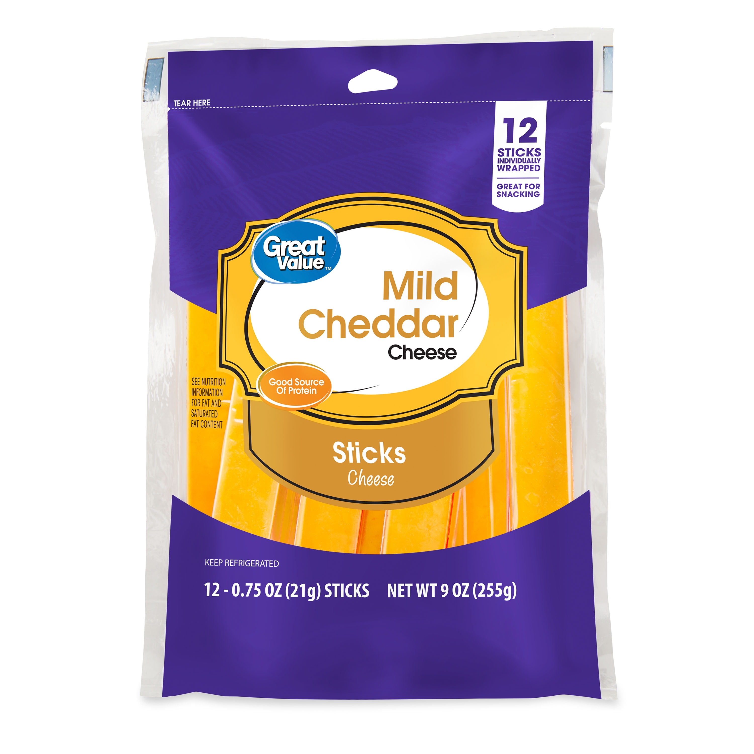 Great Value Mild Cheddar Cheese Snack, 9 oz Bag, 12 Cheese Sticks