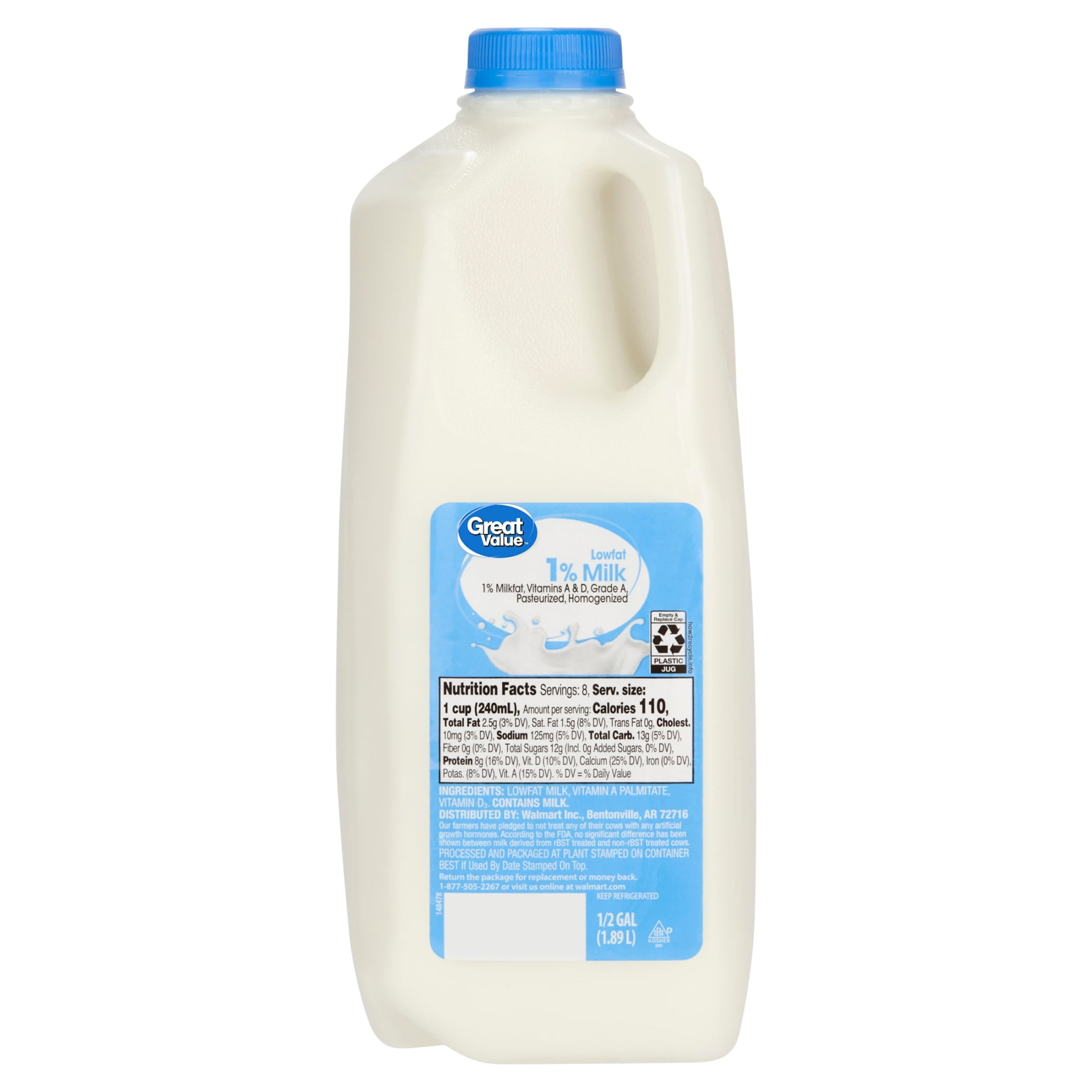 Great Value Milk 1% Low-fat, Half Gallon, 64 fl oz