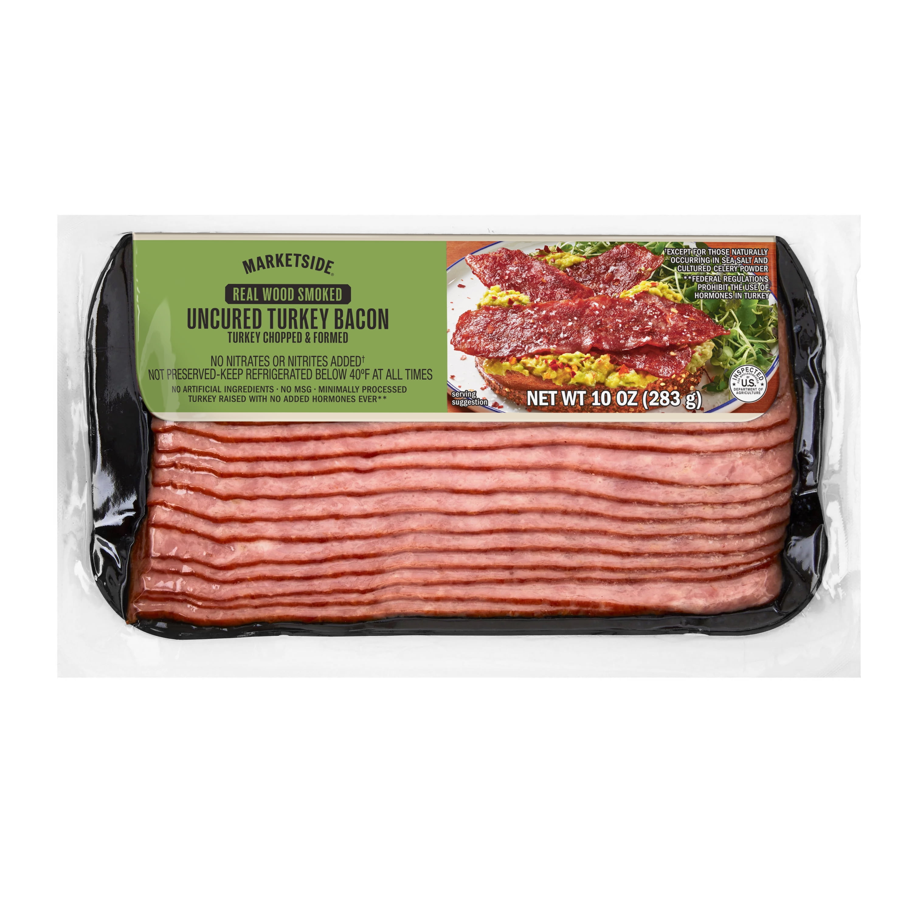 Marketside Real Wood Smoked Uncured Turkey Bacon, 10 oz, Fully Cooked, No MSG, Preservative-Free