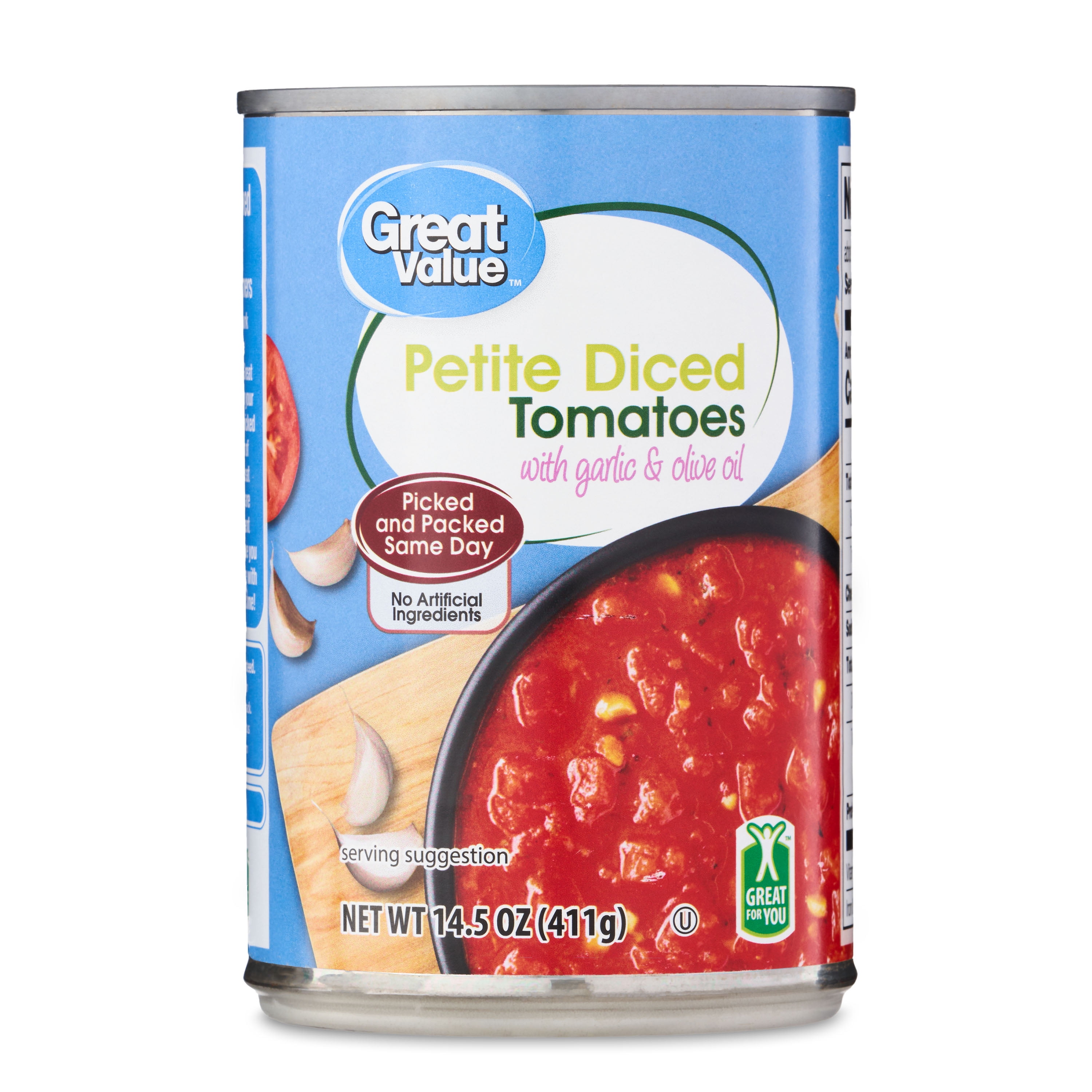 Great Value Petite Diced Tomatoes with Garlic & Olive Oil, 14.5 oz Can